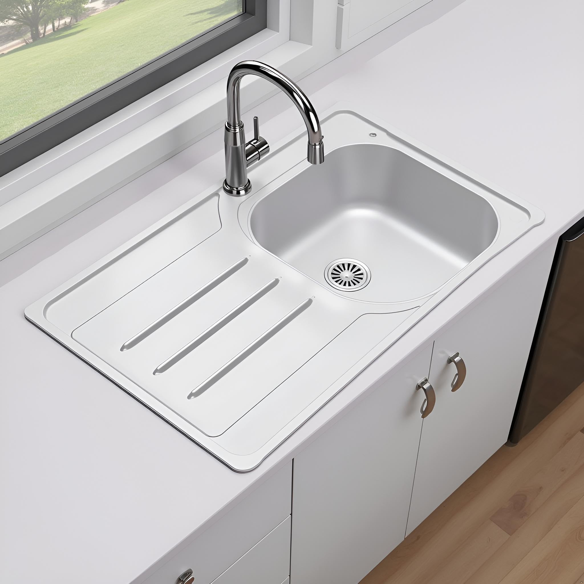 Edesa Fregadero Cocina Escurridor Izquierda 1 Seno VELETA SE 86x50 cm Sobre Encimera Profundidad 18cm Base Fonoabsorbente Instalación en Mueble de 50 cm Accesorios Incluidos Color Gris A. Inoxidable