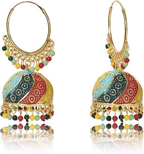 Miniatura 2 de Nilu's Collection Mujer étnica desgaste multicolor Jhumka Fiesta Festival, Función, Festival Wear Aleación Jhumki Pendiente, Mediano, Oro,
