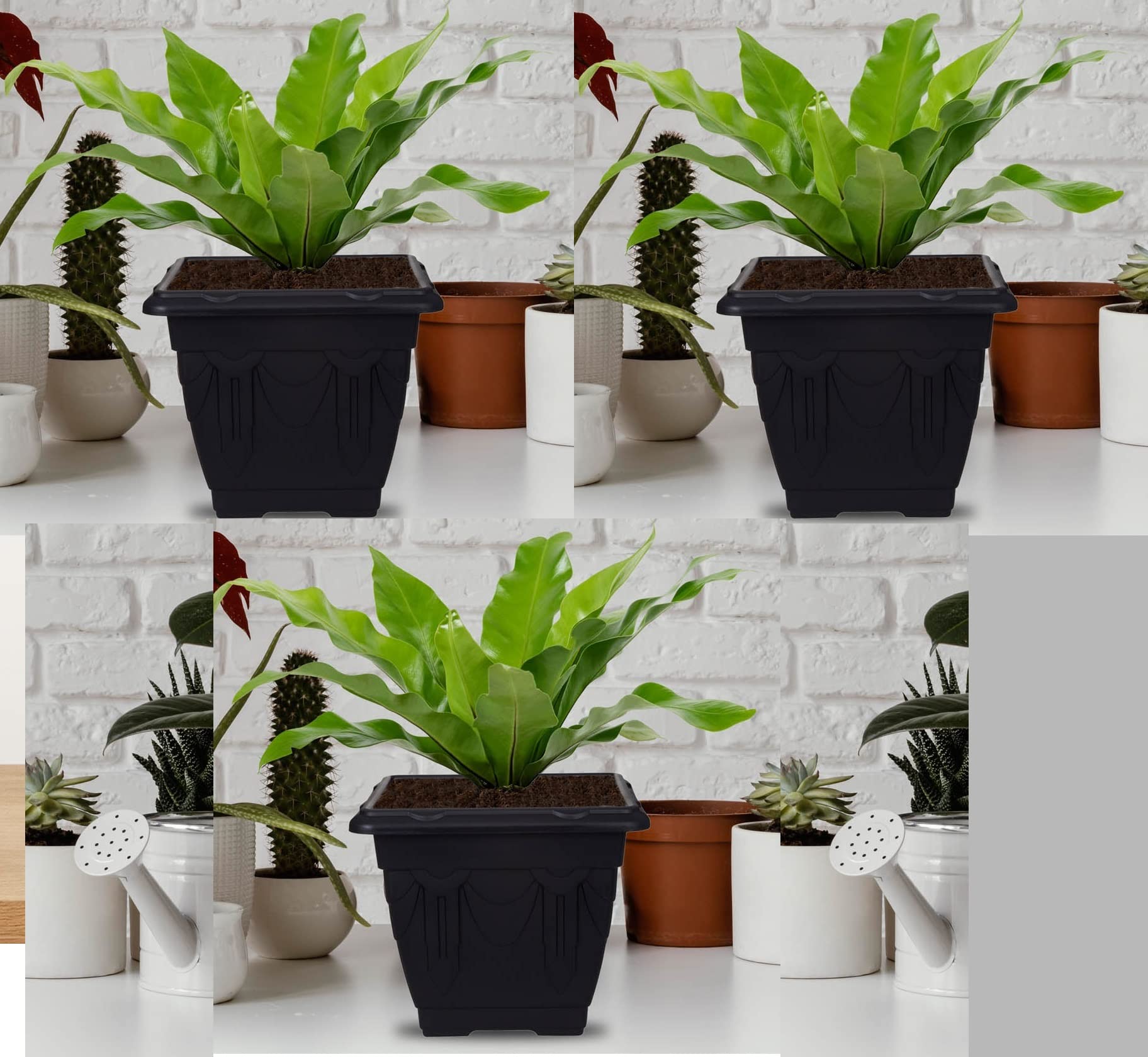 HOMION 30cm Square Flower Pots Venetian Plastic Garden planter pot container (Black) (Pack of 3 Pots)