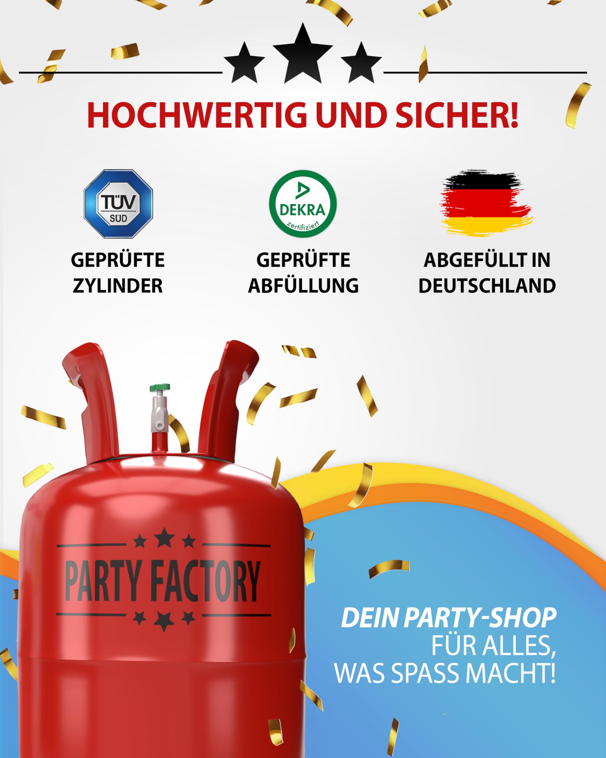 Party Factory – Helium Gasflasche 1x 200L für ca. 30 Luftballons – Partydeko Ballongas Flasche für Latex- & Folienballons – Einwegflaschen mit Knick-Füllventil – Für Partys, Hochzeiten und Geburtstage