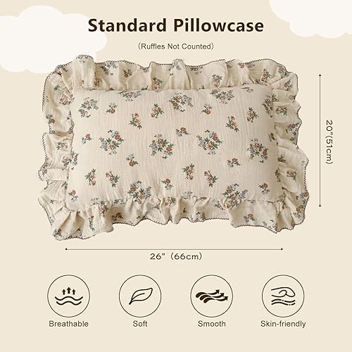 Vista 88 de BuLuTu Funda de almohada de muselina de algodón para niños pequeños, tamaño estándar, estampado de flores de Galsang, suave funda de almohada