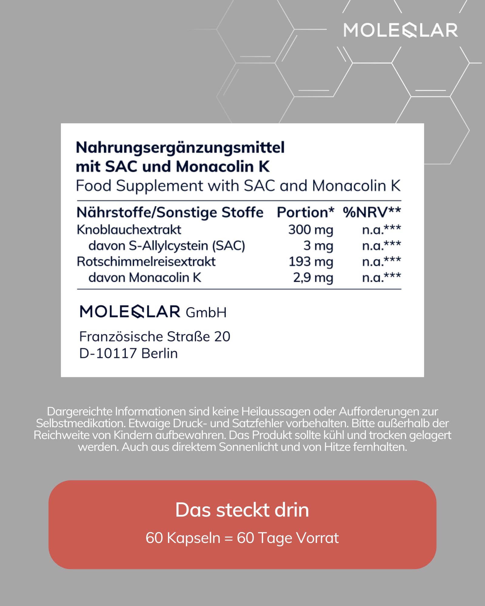 MoleQlar Roter Reis Kapseln 60 Stück - Lipolyzer Komplex mit geruchlosem Knoblauchextrakt - 2,9 mg Monacolin K und 3 mg SAC pro Kapsel - Innovative Formulierung
