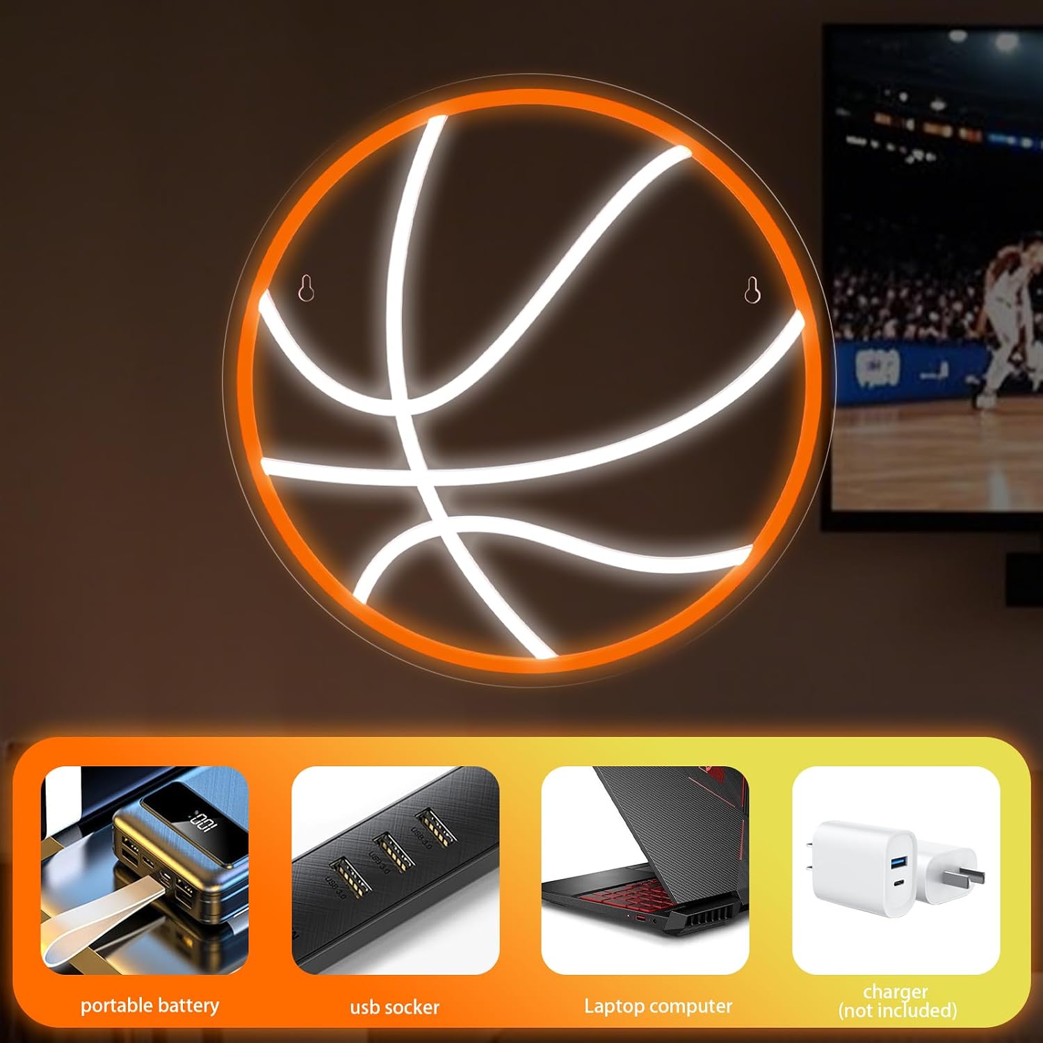 Basketball Neon Sign Dimmable Basketball LED Neon Light 13.11"×13.11" Sport Lights up Sign for Wall Decor, Powered by USB Wall Decor Aesthetic for Room Bedroom, Sports Decor