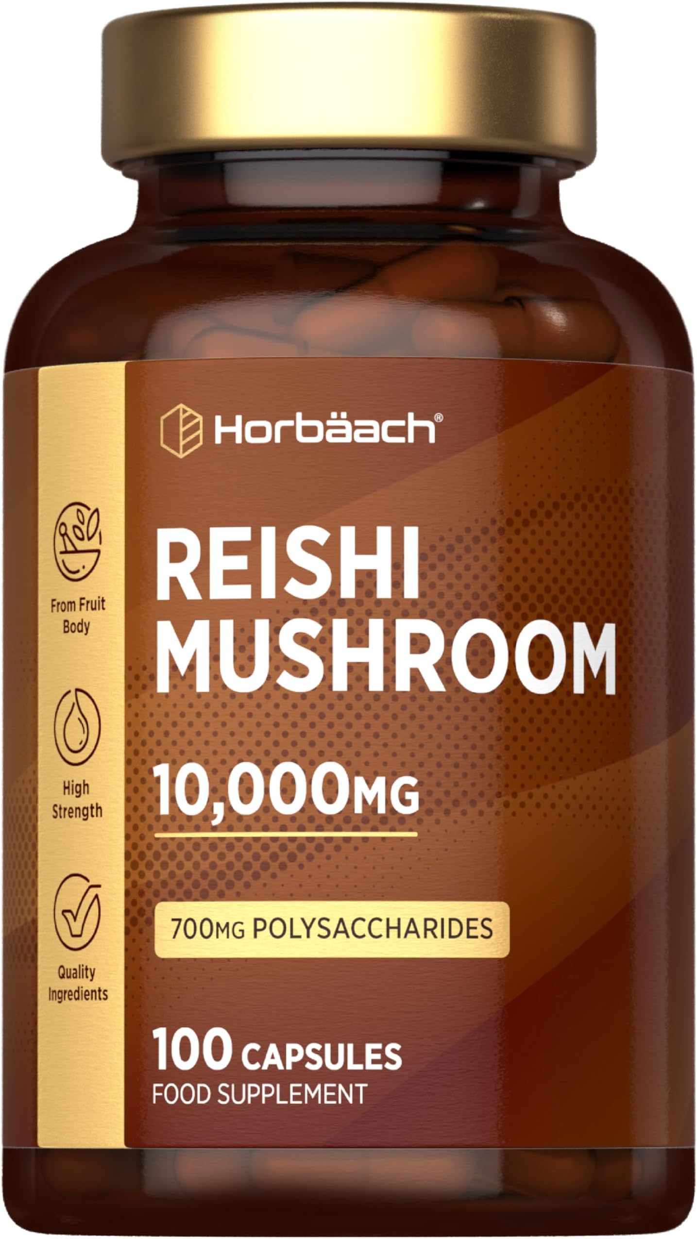 Reishi Mushroom Capsules 10,000mg | Red Reishi Extract (5:1) | High Strength Supplement | 100 Powder Capsules | by Horbaach