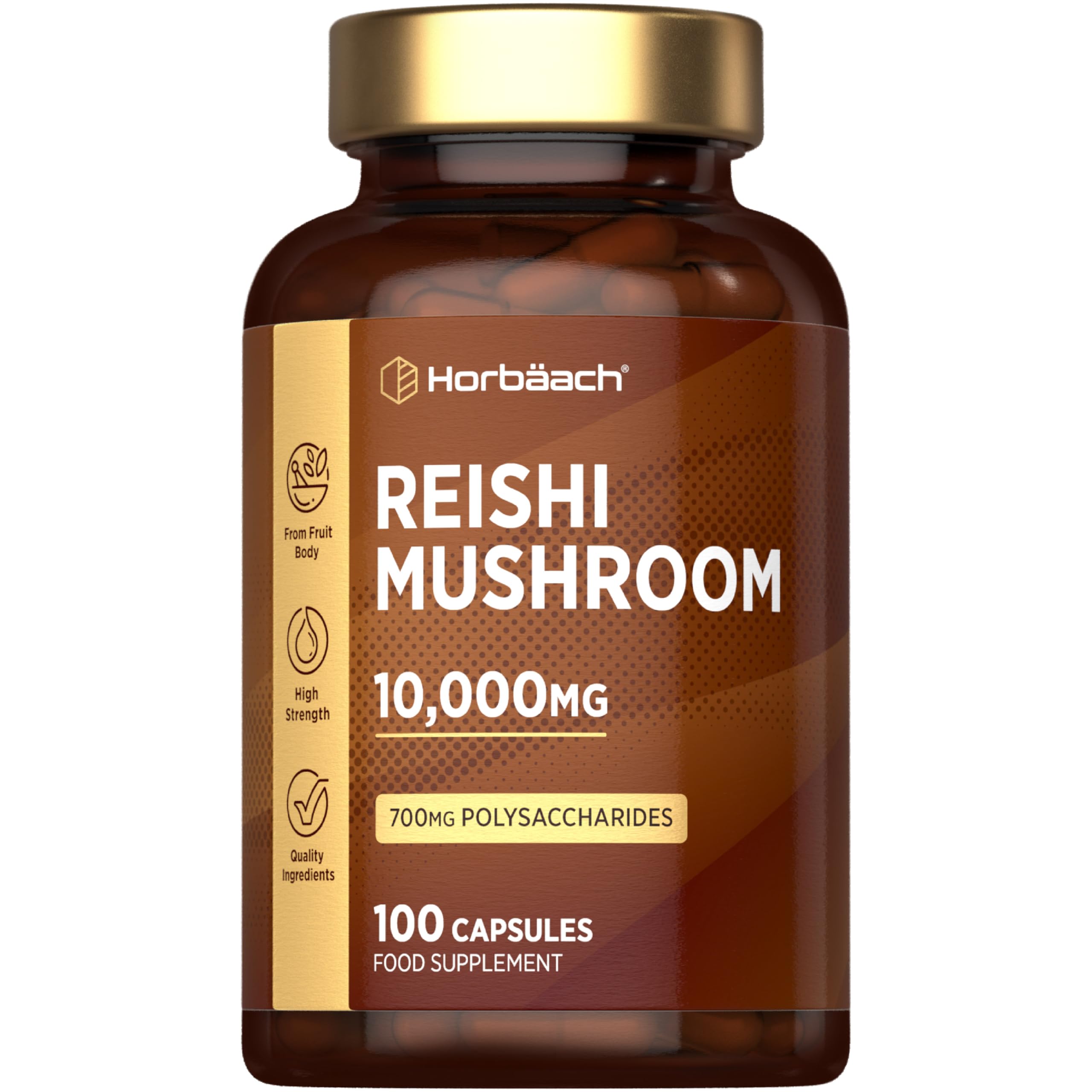 Reishi Mushroom Capsules 10,000mg | 700mg Polysaccharides per Serving | Red Reishi Extract (5:1) | High Strength Supplement | 100 Powder Capsules | by Horbaach