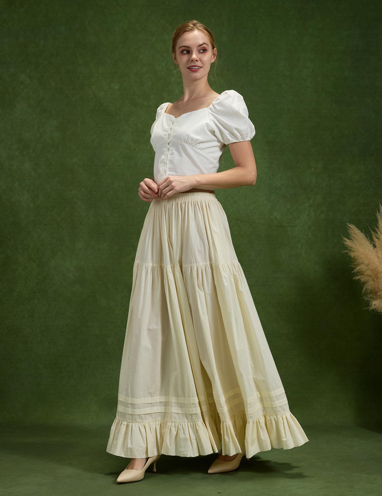 BEAUTELICATE Sottogonna Cotone Lunga Retro A-Linea Sottoveste Voluminoso con Volant Vita Alta Maxi Gonna per Costumi Edoardiana Medievali Bianco Beige