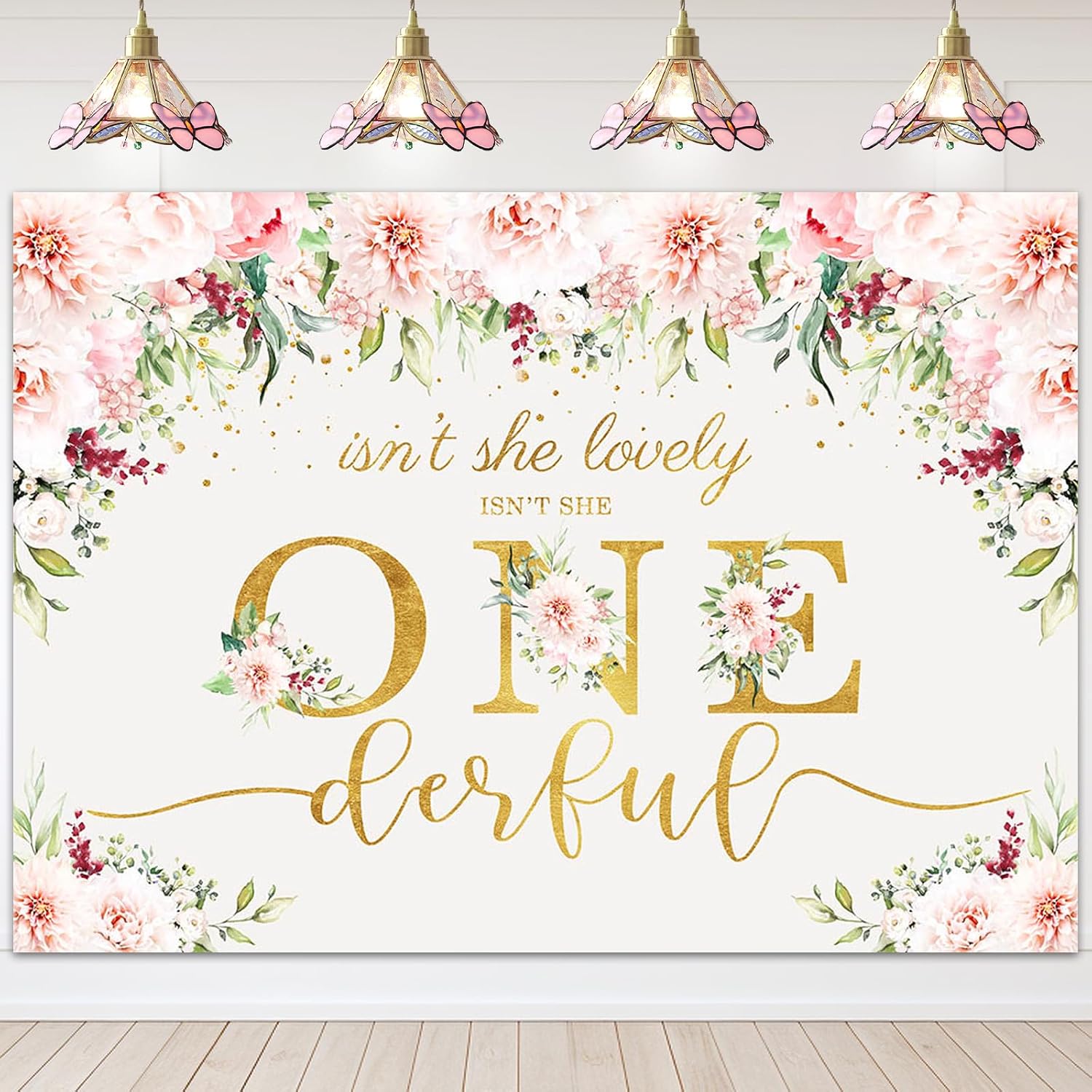 Avezano Isn't She Lovely Isn't She Onederful Backdrop Pink Flowers Gold Dots First Birthday Background Sweet Baby Girl Floral 1st Birthday Party Decorations Photobooth Props 7x5ft, 83x59 inch
