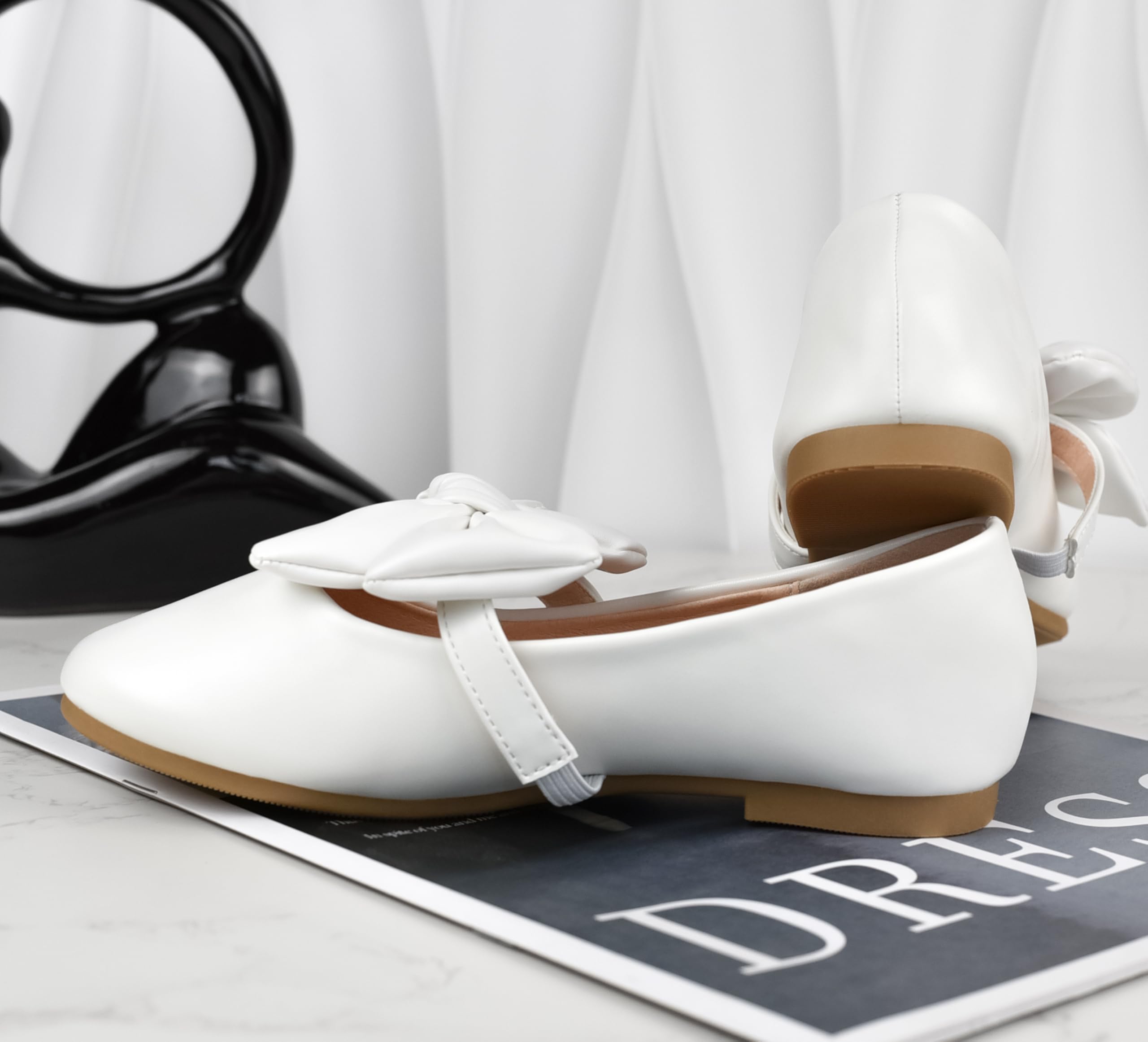 Scarpe Mary Jane Eleganti per Ragazze Scarpe Ballerine Basse Bianche con Fiocco per Festa, Matrimonio, attività, Scuola