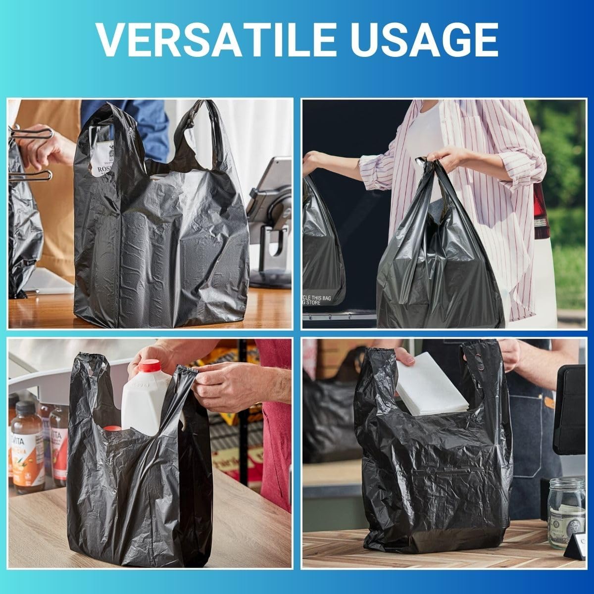 Heavy Duty Black T-Shirt Bags 11.5x6.5x22 Inch, 1000 Count – Strong Disposable Carry Bags for Grocery, Retail, Takeout, and Food Service Use