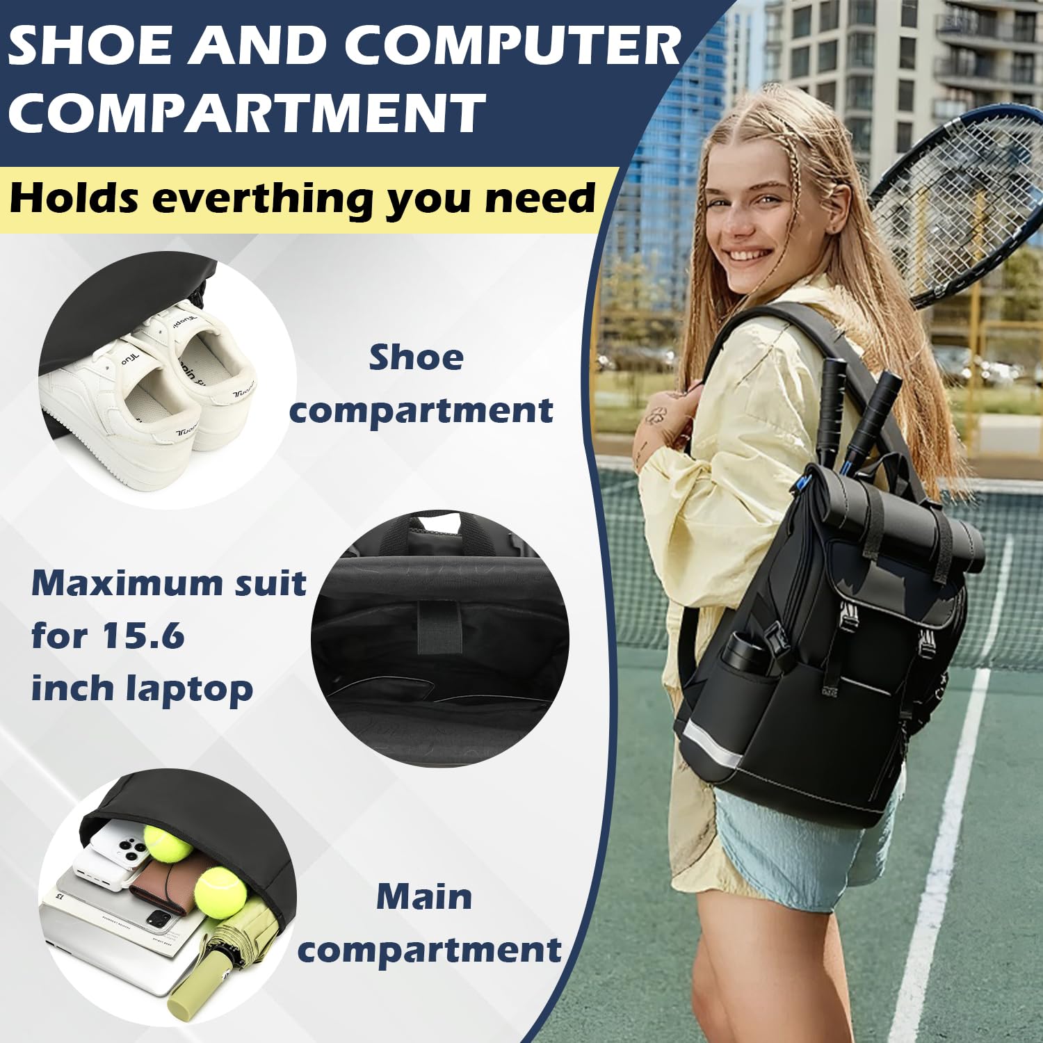 Tennistasche für Herren Damen Tennisrucksack mit Schuhfach ultra leichter Tennis Schlägertasche Padel Tasche für Badminton Pickleball Squash (Schwarz)