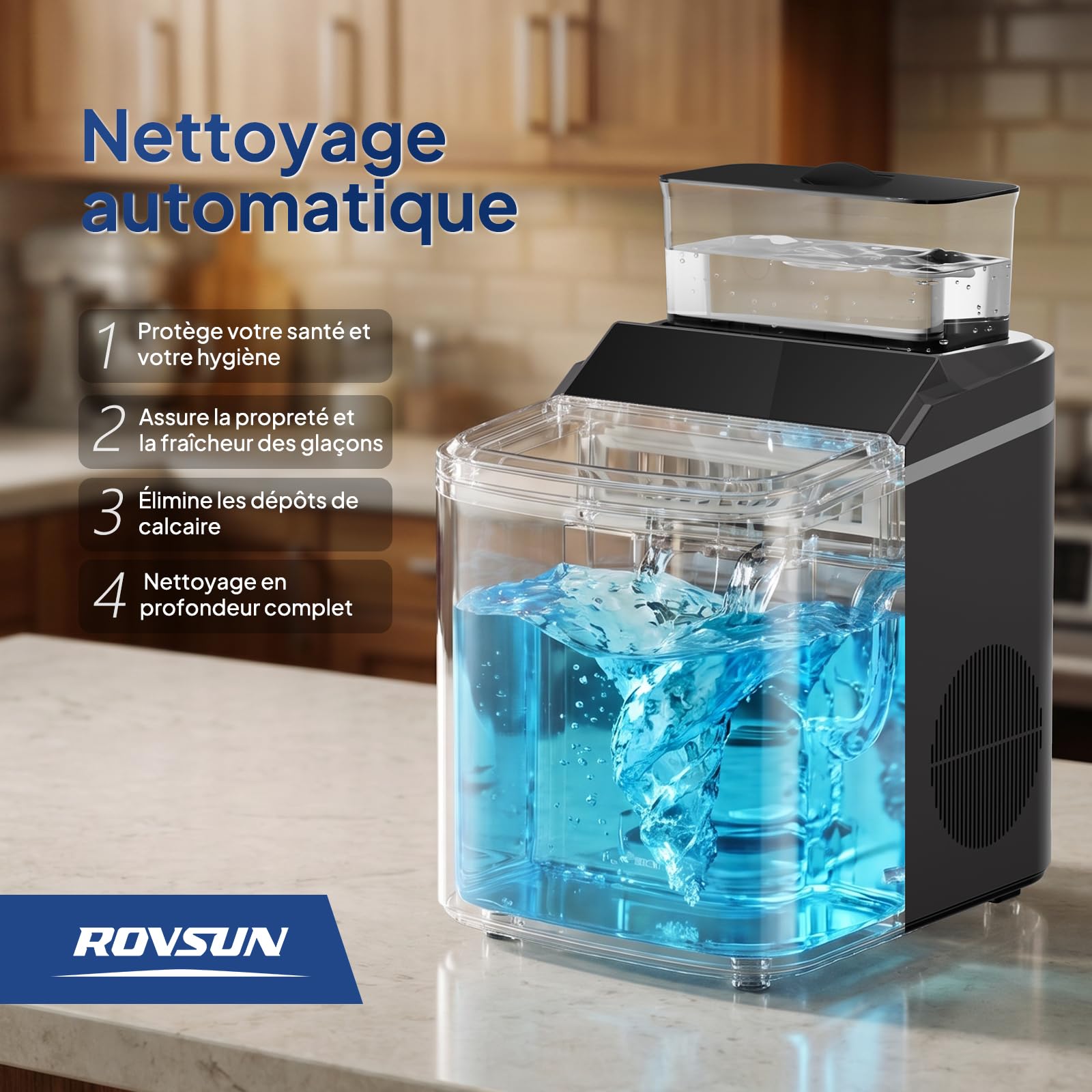 ROVSUN Machine à Glaçons, 18kg/24h, 12 Glaçons en 8 Minutes, Machine a Glacons Auto-Nettoyante, Affichage LED, Indicateurs eau/glace pleine, Pour Maison, Soirée, Barbecue, Restaurant