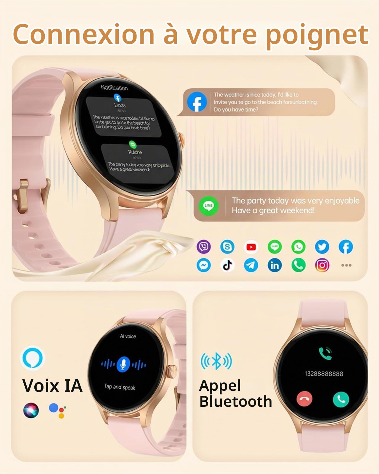 Fitpolo Montre Connectée Femme avec Appel Bluetooth, 1,27" Écran Tactile Smartwatch, Moniteur de Fréquence Cardiaque/SpO2/Sommeil, Montre de Sport 110+ Modes Etanchéité IP68, pour iOS et Android Rose