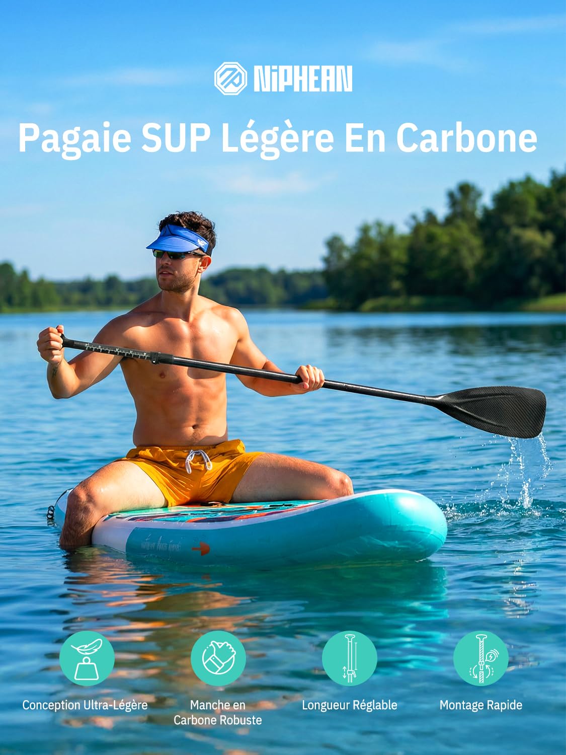 niphean Pagaie Paddle, Pagaie Kayak en 3 et 4 Pièces Détachables et Flottantes, Sup Paddle réglable de 198 à 218 cm, Rames Durables