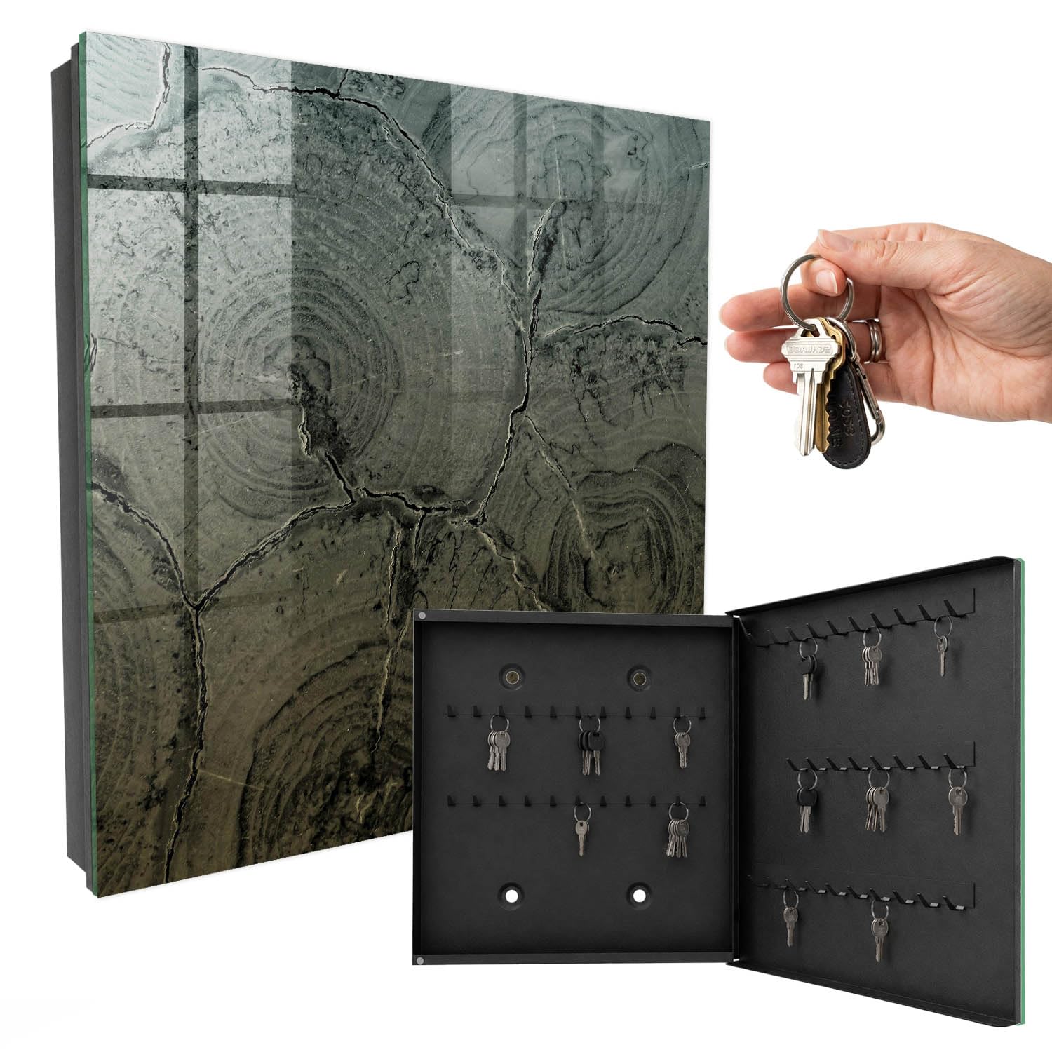 Cassetta portachiavi in vetro 30x30 cm Struttura in legno Porta Destra Nero | Appendiabiti | Bacheca | Vetrinetta | Nicchia | Casellario | Armadio | Gancio | Quadro | Mobiletto | Contenitore | Supporto