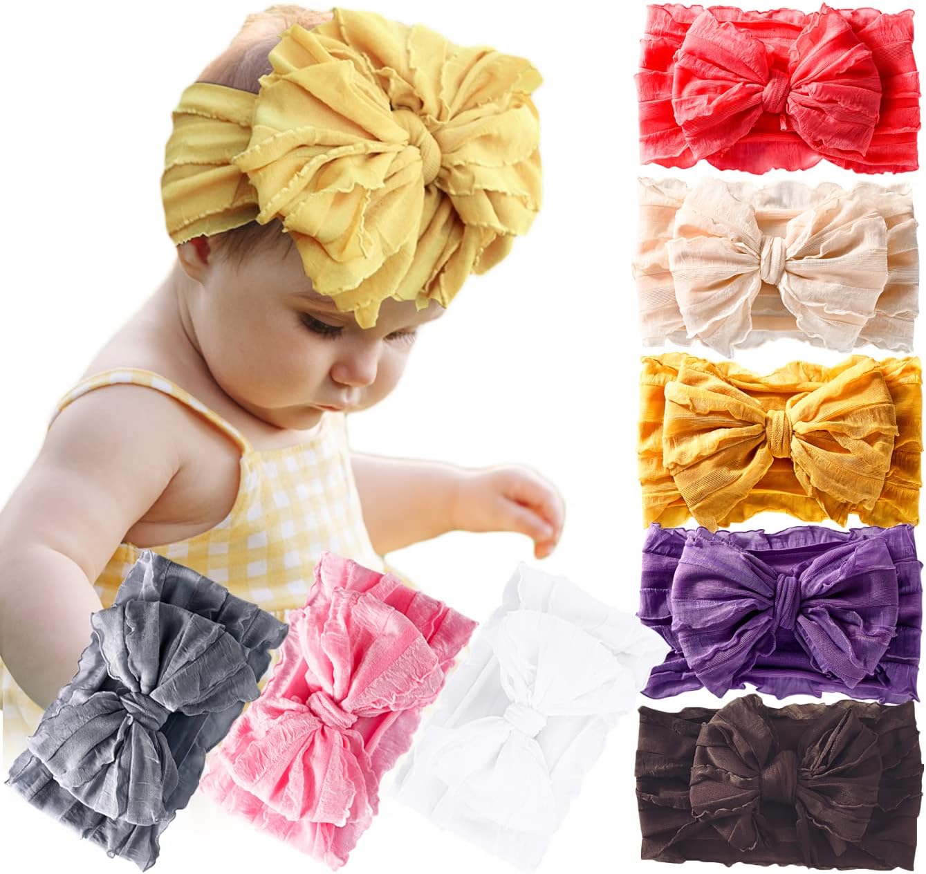 DANMY Baby Girl Elastic Headbands Newborn Toddler Hairbands Bows Children Soft Headwrap Hair Accessories, Red Yellow Purple Brown Gray Pink White Beige-8pcs, Small