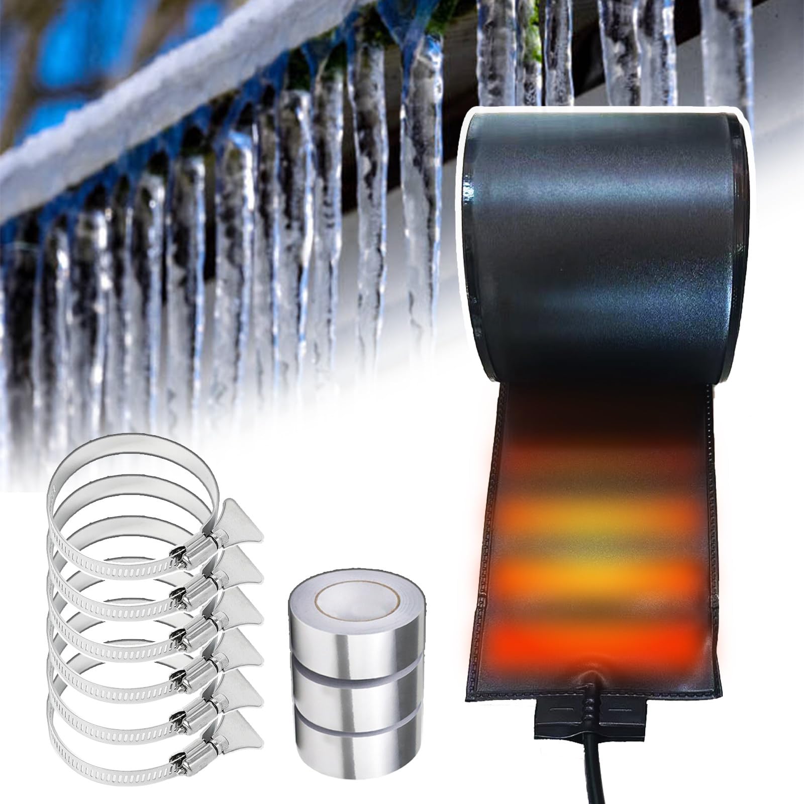 Tapis Chauffant pour Fonte Neige, 50℃/122℉,Ruban Chauffant Flexible en PVC pour Gouttières/Tuyaux Descente, 75-760 cm, Kit Dégivrage Extérieur, avec Accessoires Fixation,610cm/20ft