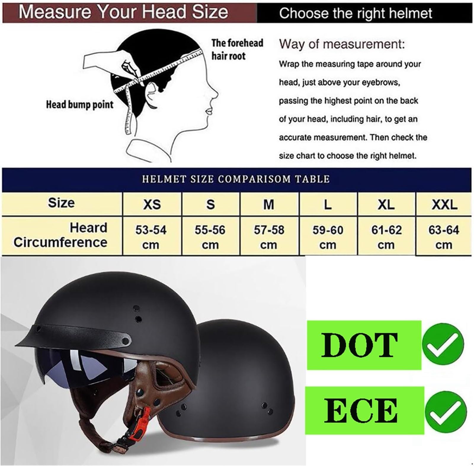 Stile Tedesco Retrò Mezzo Casco, Faccia Aperta Casco Motociclistico con Regolabile Fibbia a Rilascio Rapido, ECE Approvato Harley Caschi da Moto, per Adulto Uomini Donne