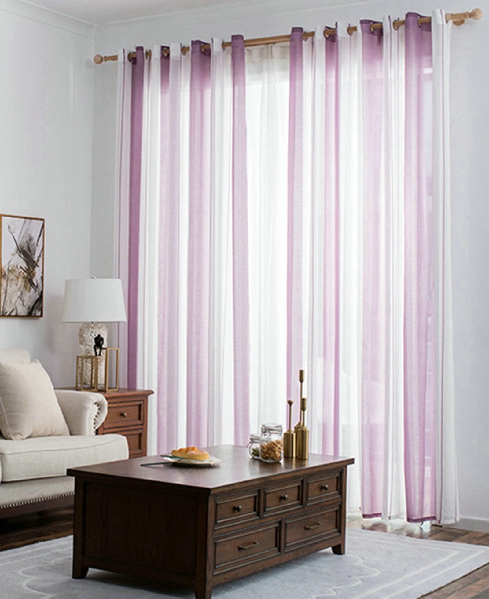 Voile-Vorhang Mit Lila Streifen – Transparente Gardine Mit Ösen, 107 X 115 Cm
