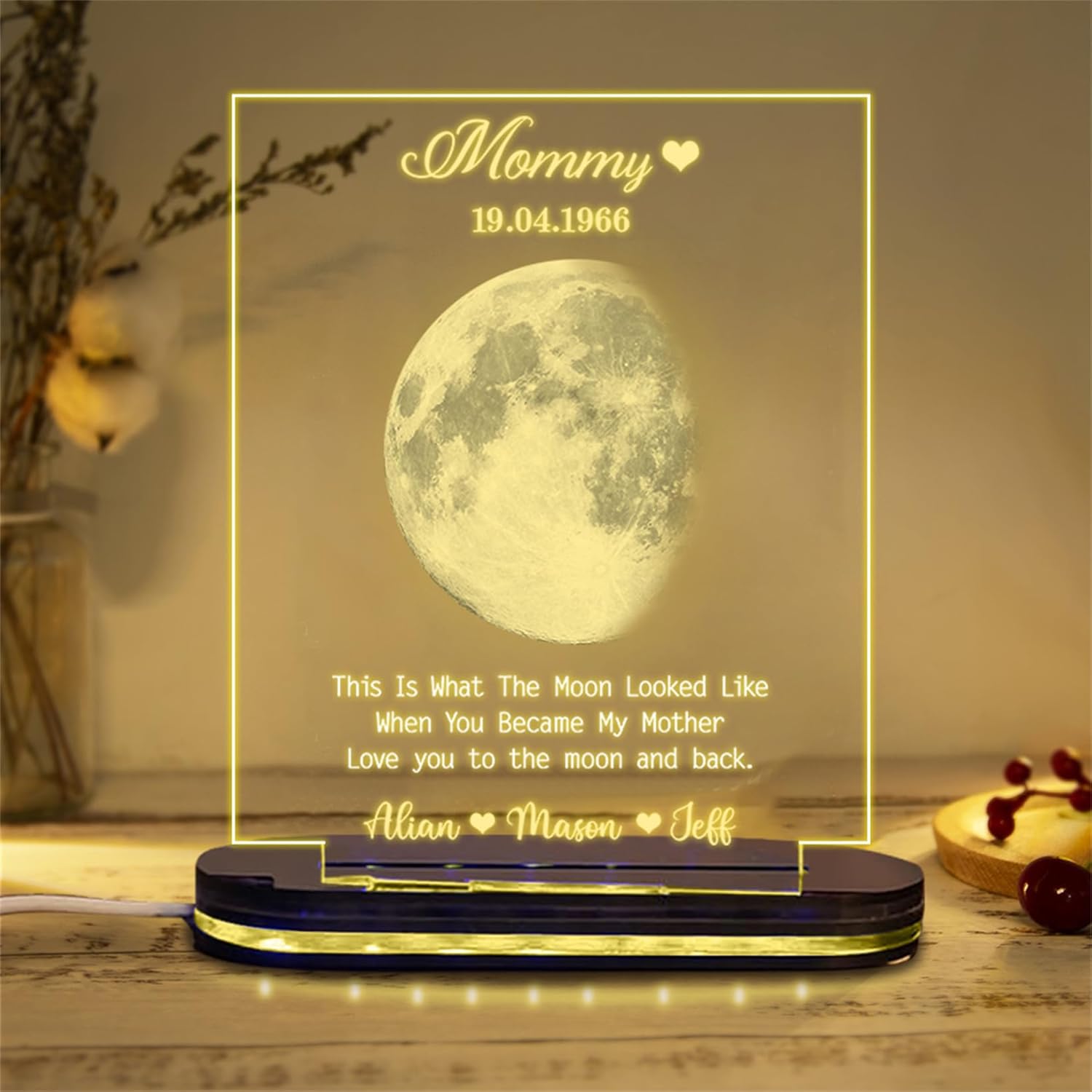 This is What The Moon Looked Like When You Became My Mother Love You to The Moon and Back LED Lights Personalized Moon Phase Acrylic Lamp Custom Moon Night Light for Specific Date for Mom Grandma