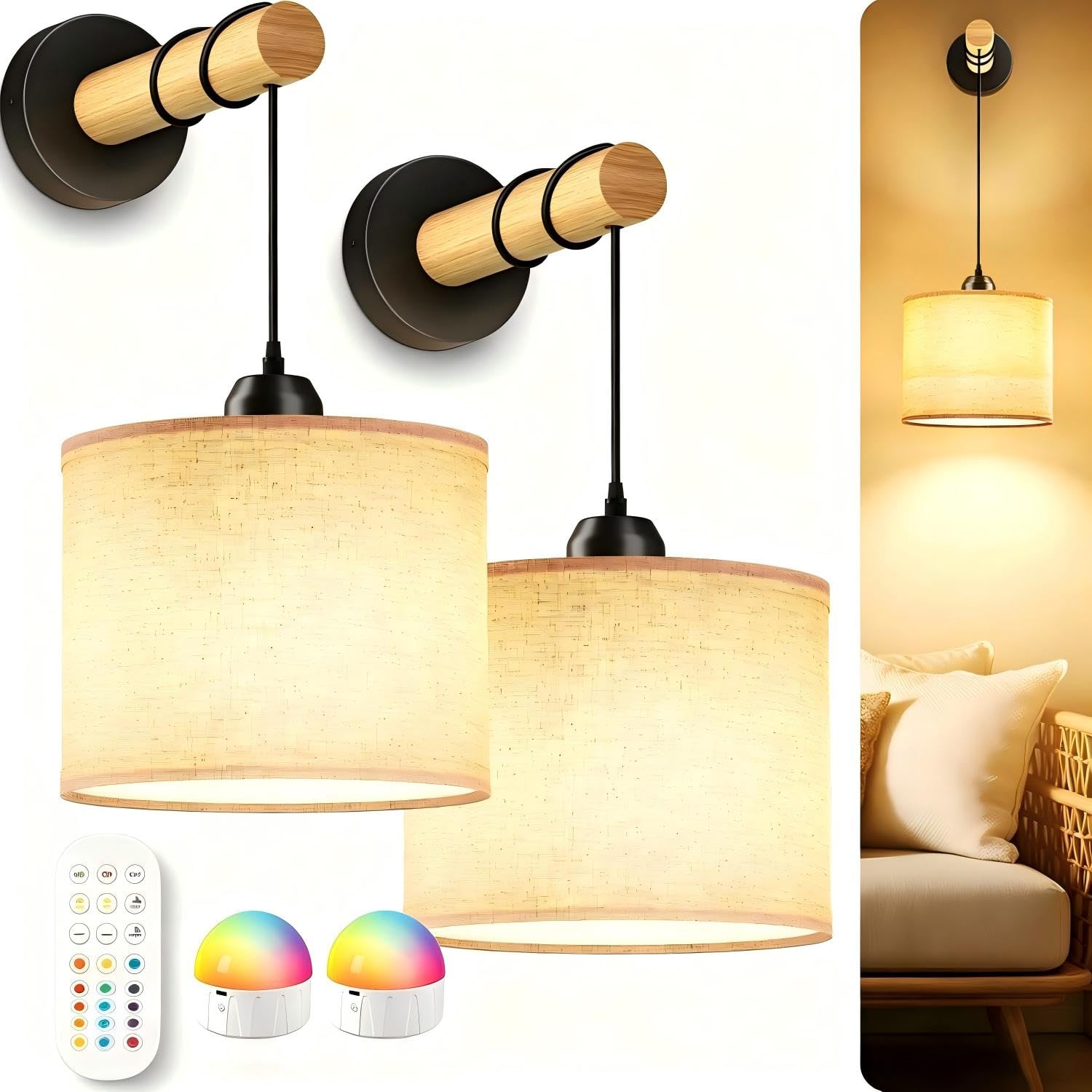 Apliques Pared RGB, Lamparas Pared LED Luz Con Pilas， Inalámbricos con Batería, Magnético Recargable Sin Cable, Iámpara de Pared con Mando a Distancia, Pantalla Lino Beige, Regulables, 2 Piezas