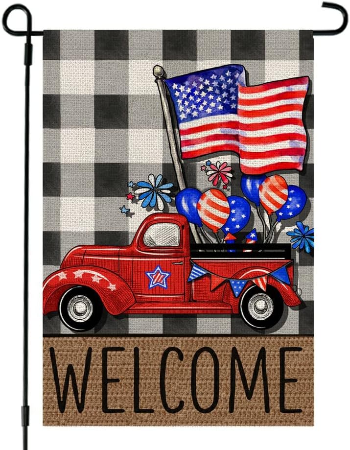CROWNED BEAUTY 4th of July Patrioctic Welcome Truck Garden Flag 12x18 Inch Double Sided USA Flag Plaid Memorial Day Independence Day Outside Yard Party Decoration