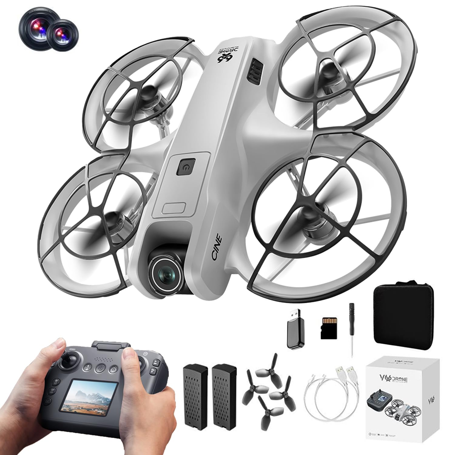 RC Drohne mit Dual Kamera, Propellerschutz für mehr Sicherheit, LED Beleuchtung – Bürstenloser Motor, Höhenhold, One-Key Start/Landung, Headless Mode, 3D-Flips, 3 Speed Modi, 2 Akkus – für Einsteiger