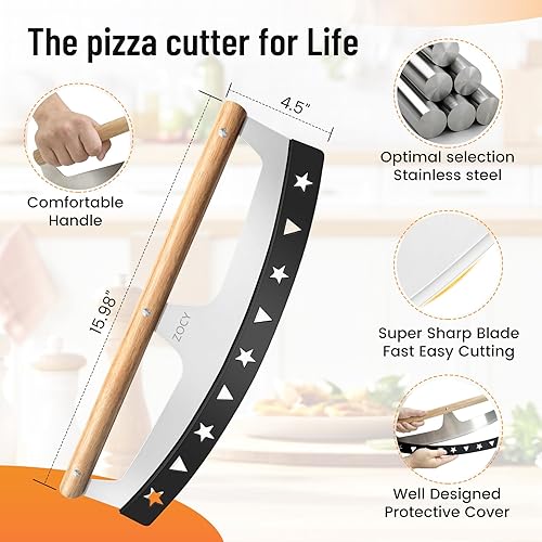 Miniatura 2 de Cortador de pizza con asas de madera y cubierta protectora de acero inoxidable afilado de 16 pulgadas, cortador de cuchillos de pizza grande para