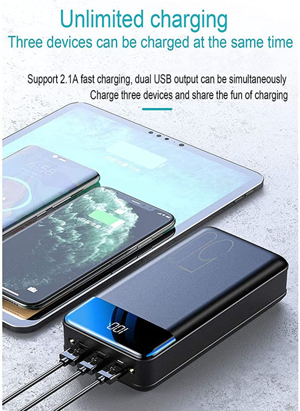 Power Bank, 50000Mah Power Banks Carga Rápida Batería Externa Portátil [3 Salidas 3 Entradas] Pantalla LED Cargador Móvil con Linternas para Tabletas Telefónicas Y Más,Negro,Blanco