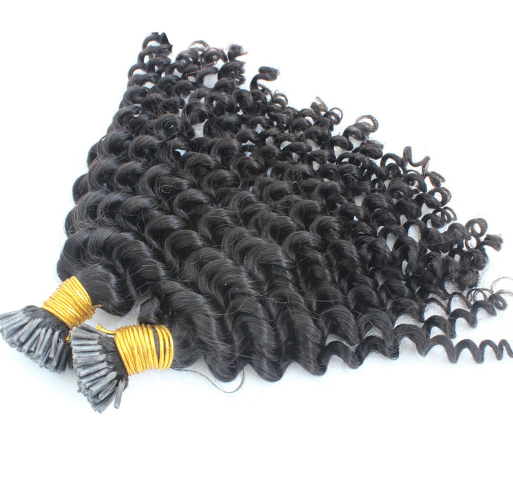 Remeehi I Tip Human Hair Extension Kinky Curly Stick Brazilian Keratin Hair 1g Prebonded 100s Fusion Hair Pieces Easy Remove(15" 1B#)