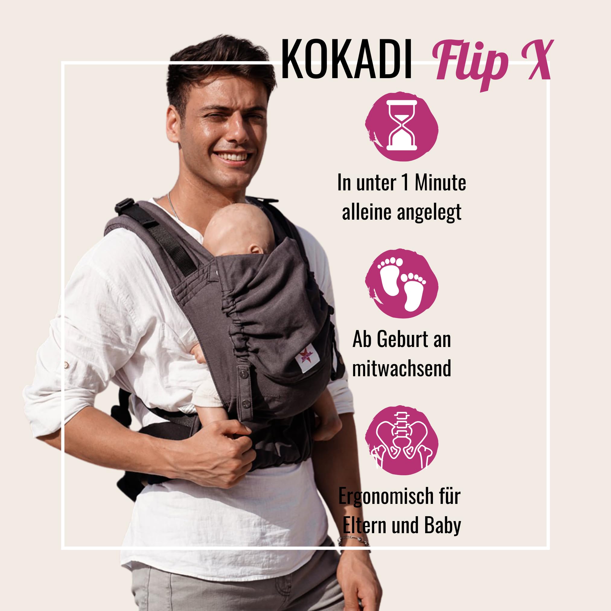 KOKADI Flip X Diorite Stars (Unisize)-Perfekte Kombi aus Fullbuckle & dem Tragen überkreuzt -Ab Geburt - 15 kg,handgefertigt aus 100%Bio-Baumwolle –Ergonomische Babybauchtrage Rückentrage Tragetasche