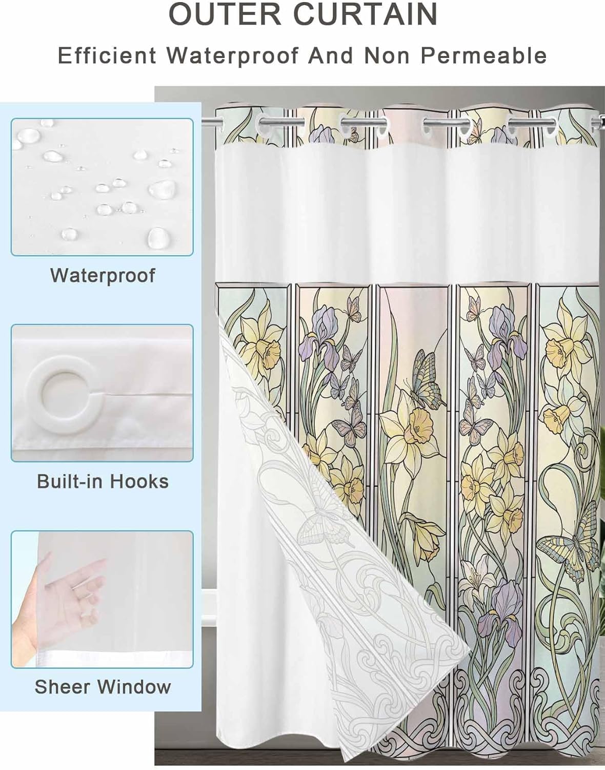 No Hook Shower Curtains with Detachable Snap-in Liner Set, Butterflies Flowers Waterproof Hotel Bathroom Shower Curtain, Vintage Geometric Colorful Glass Floral Mesh Top Window Bath Curtains 66''x72''