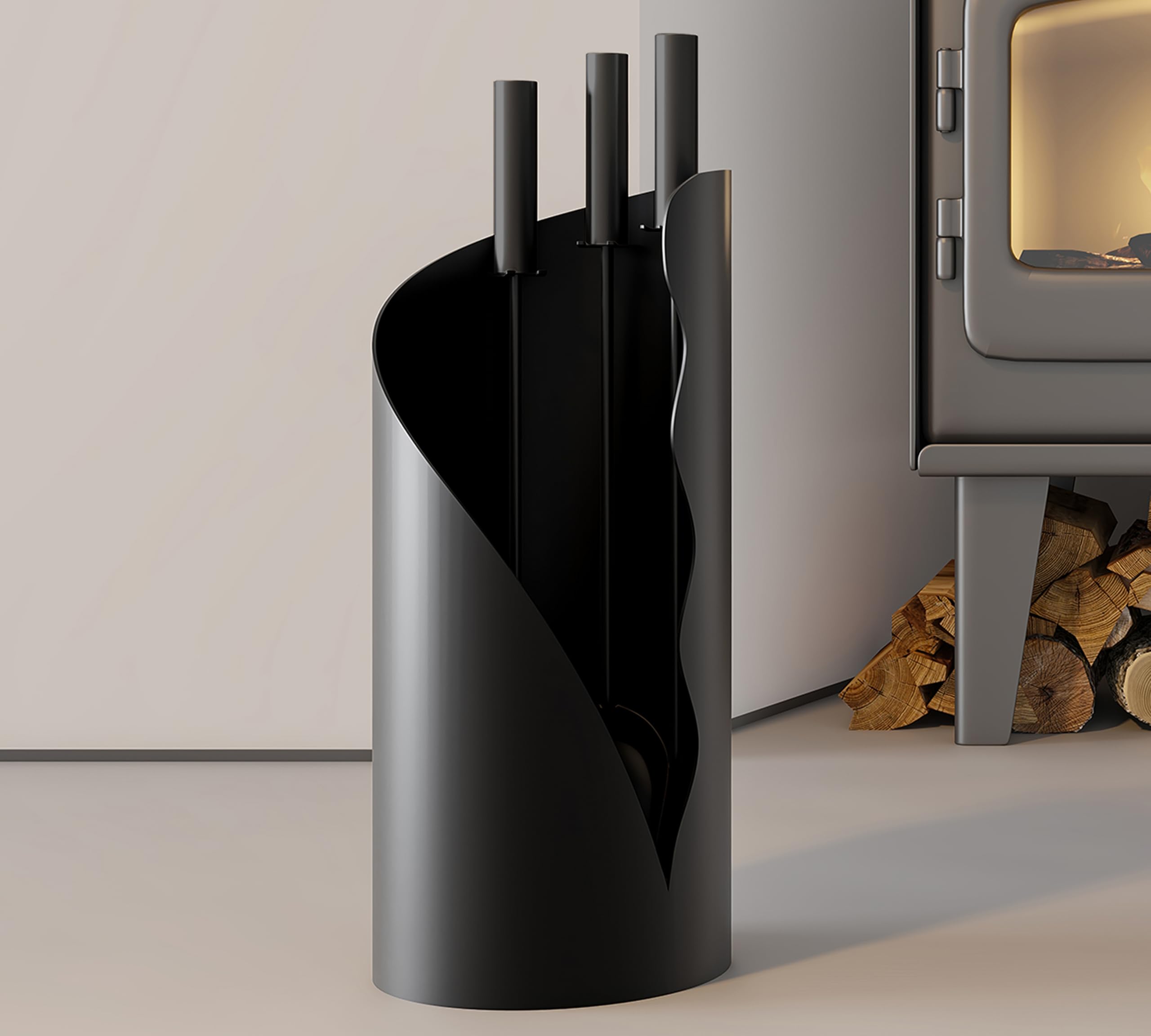Kingson Juego Moderno de Accesorios para Chimenea con Soporte - 3 Herramientas, Altura de 52,5 cm, Base Cilíndrica de 18 cm, Mangos de Acero Inoxidable Negro - Accesorios para Chimenea, Estufa de Leña