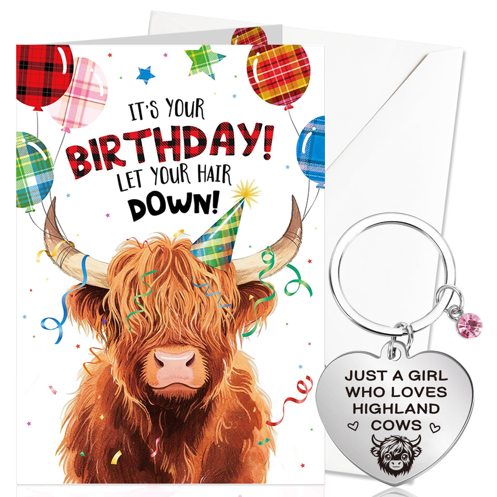 DPKOW Happy Birthday Card Highland Cow Gifts for Women Girls, B-Day Greeting Card with White Envelope, Birthday Gifts for Her, Just a Girl Who Loves Highland Cow Keychain Keyring — image 1