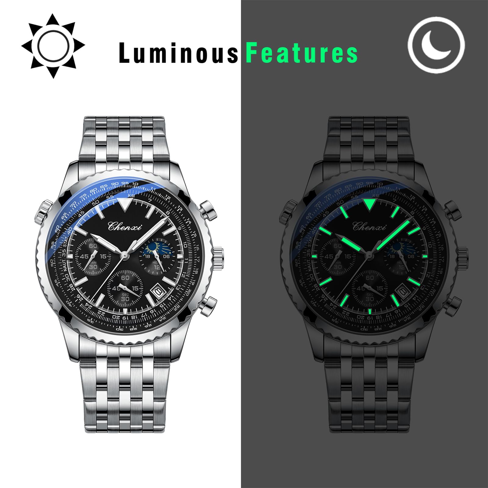 Oidea Orologio multifunzione da uomo: orologio da polso analogico al quarzo con quadrante multiplo, impermeabile, con calendario luminoso, cronografo, da lavoro, con cinturino in acciaio inox