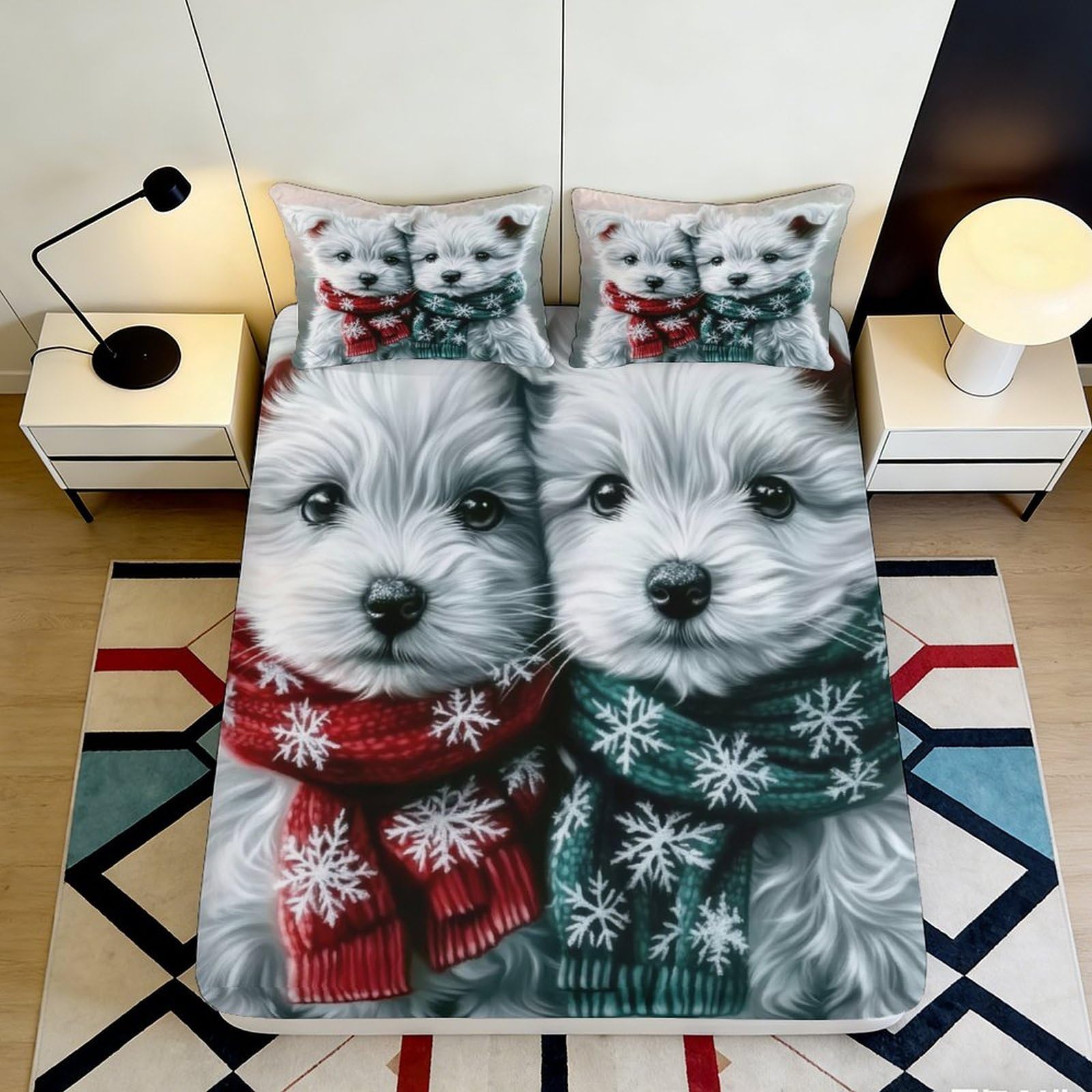 3D Printed Snowflake Christmas Microfiber Deep Pocket Fitted Sheet Elastic Hem Bedroom Mattress Fitted Cover Washable 200x200x25cm