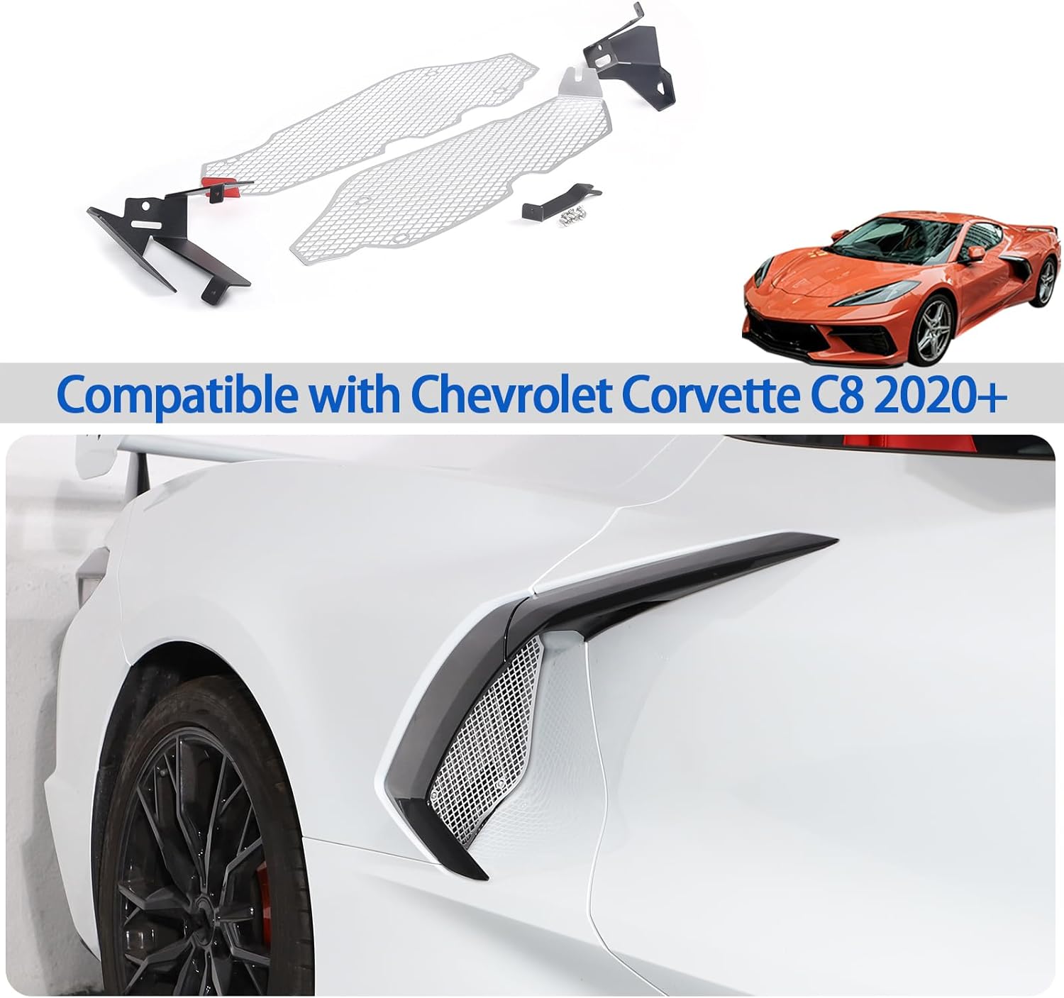 Side Intake Grill Guards Mesh Compatible with Chevrolet Corvette C8 2020-2024, Stainless Steel Side Radiator Guards Grille Vents Insert Mesh Accessories, 2PCS (Silver)