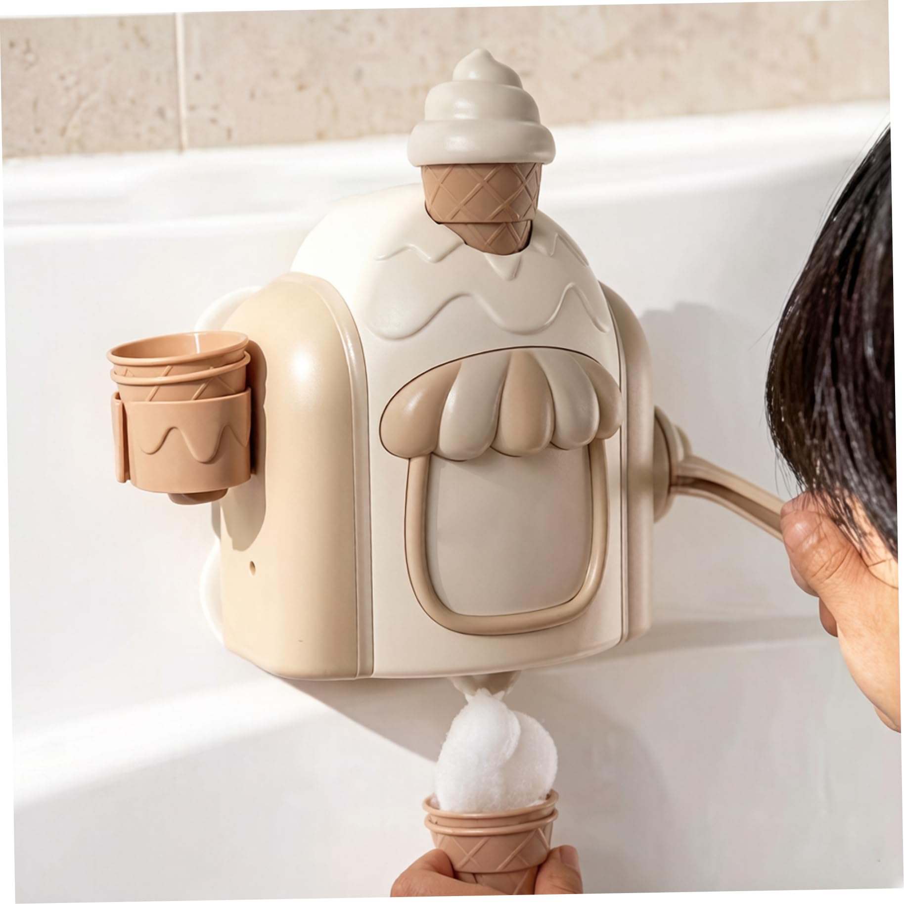 Bathtub Bubble Machine for Kids - Manual Bubble Maker with Suction Cup, Ice Cream Play Set for Bath Fun, Khaki Bath Toy, Maker, Bathtub Machine