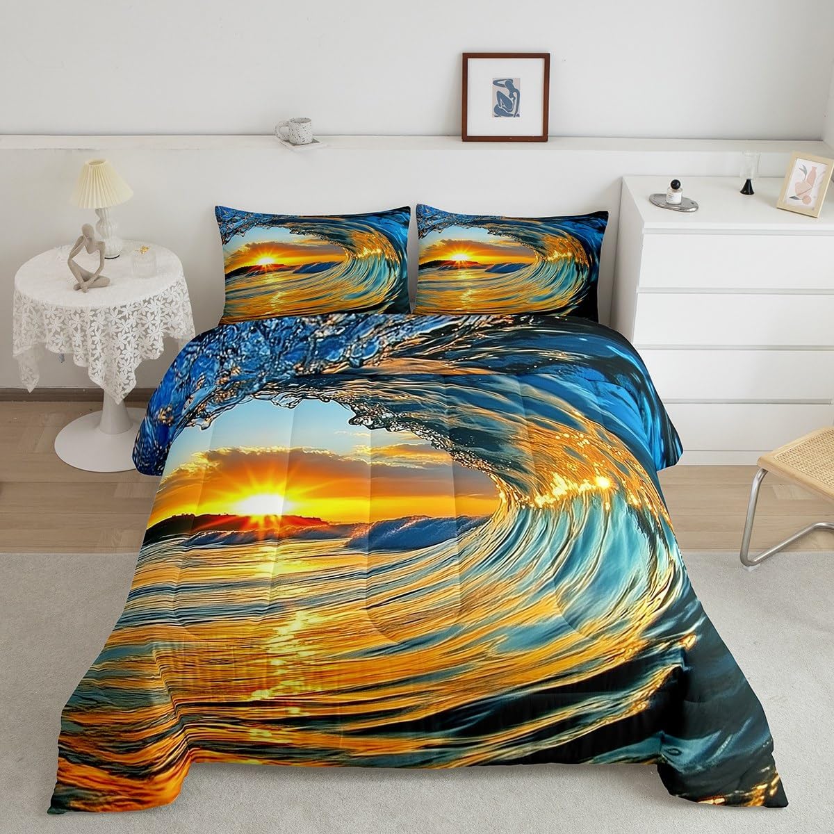 Feelyou Ocean Waves Comforter Set Queen Size Seaside Sunset Bedding Set Kids Boys Girls Ocean Sea Coastal Nature Pattern Comforter Summer Beach Holiday Vacation Quilt Set
