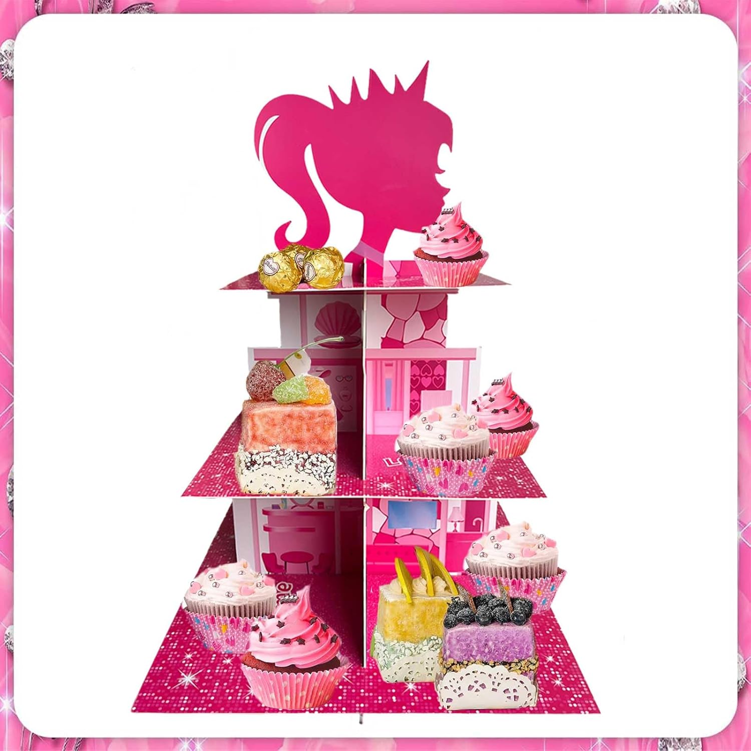 Zliisang Pink Princess Cupcake Stand 3-Tiered Pink Dessert Table Displays Centerpieces for Girls Birthday Party Decorations Princess Baby Shower Table Decorations