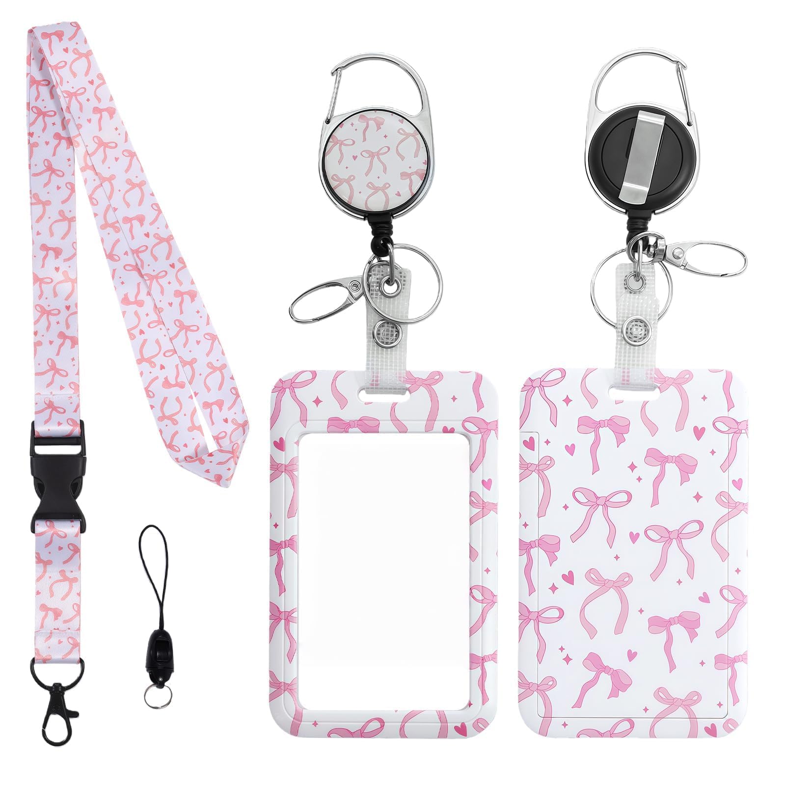 Pink Bow Tie Print Lanyard with Detachable Card Holder 11 * 7cm, Retractable Badge Reel with Breakaway Safety Clip for Teachers Nurses Students Office ID Cards (A)