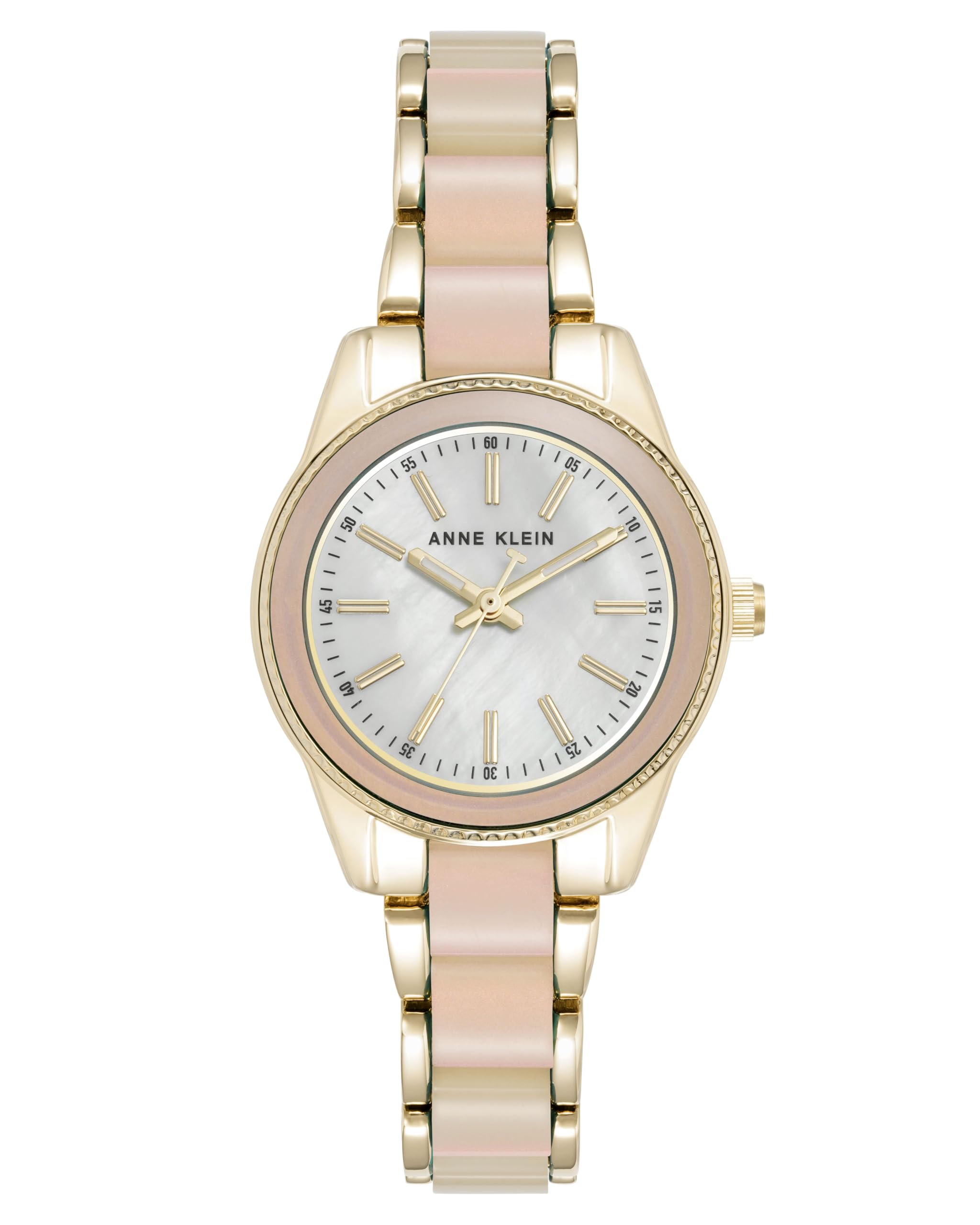 سامهون view of the Anne Klein Women's Resin Bracelet Watch with gold-tone and iridescent white links.