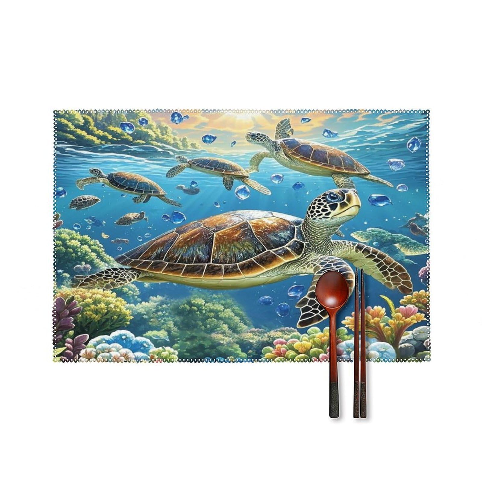 Sea Turtles Diamond Painting Placemats Set of 6 Heat-Resistant Washable Place Mats Wipeable Kitchen Placemat Easy to Clean for Indoor Outdoor Party Kitchen Decoration