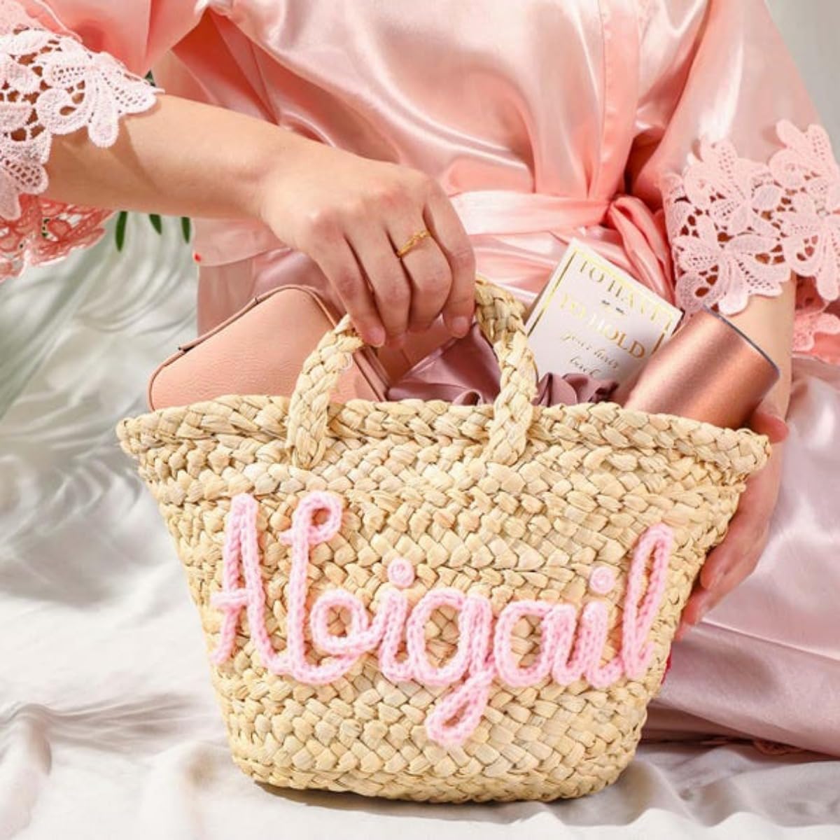 Personalized Straw Bridesmaid Handbag,Personalized Straw Tote Bag for Women,Customize Bridesmaid Tote Bag (Multicolor)