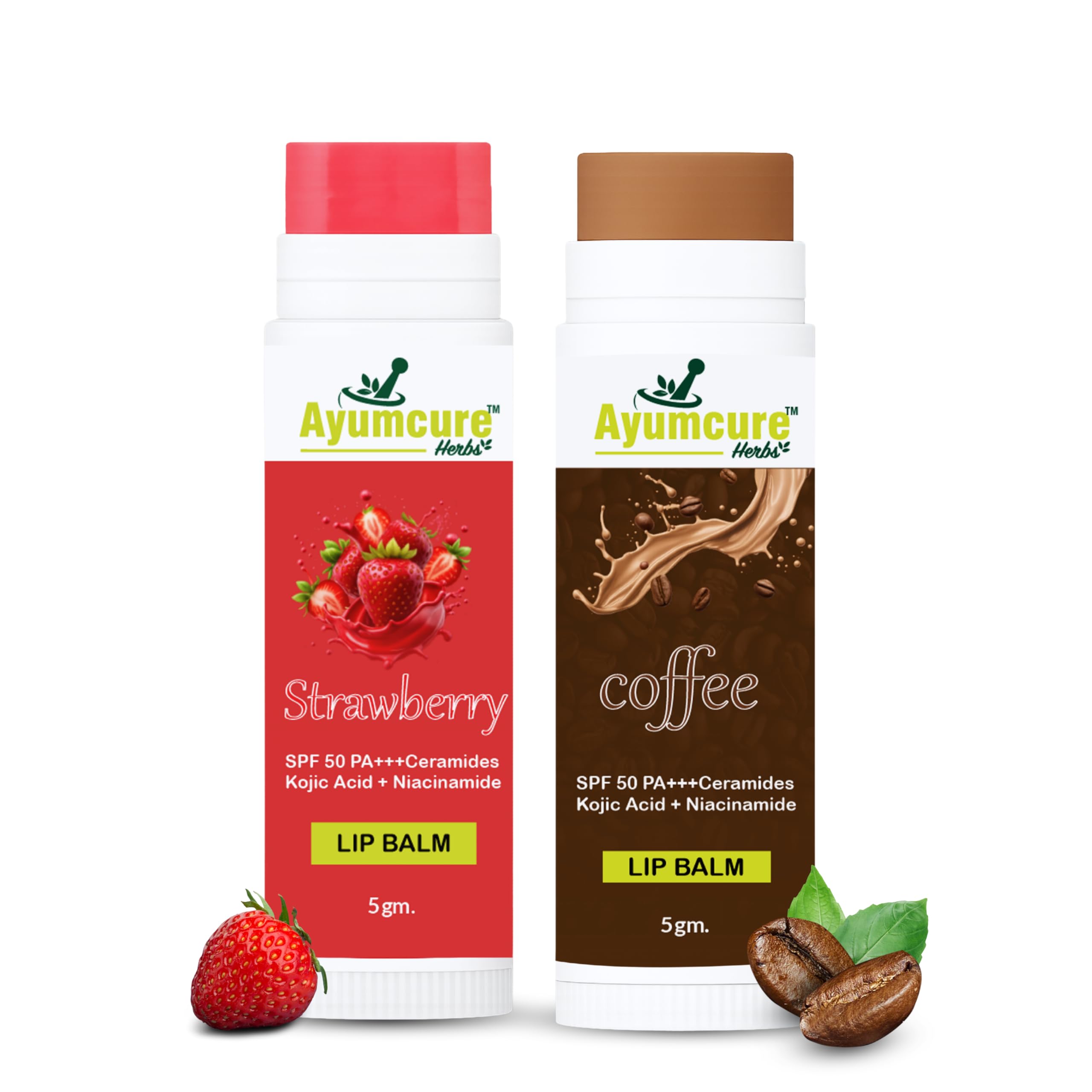 Herbs Strawberry & Coffee Lip Balm Combo (5g X 2) SPF 50 PA+++ | Brightens Dark Lips, Repairs Dry & Chapped Lips | With Ceramides, Kojic Acid & Niacinamide | For Men & Women-image-33