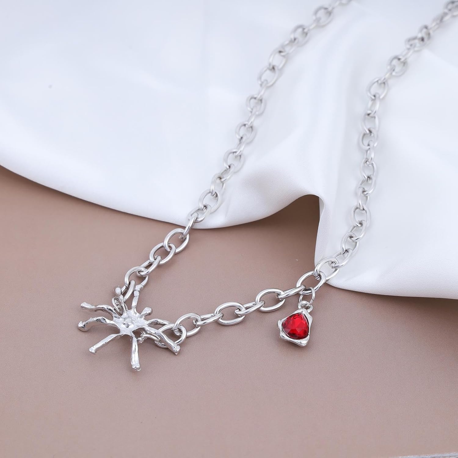 Andelaisi Punk Ruby Spider Cuba Chain Necklace Vintage Ruby Teardrop Pendant Necklace Silver Spider Choker Necklace Adjustable Chunky Chain Necklace Jewelry for Women - Image 4