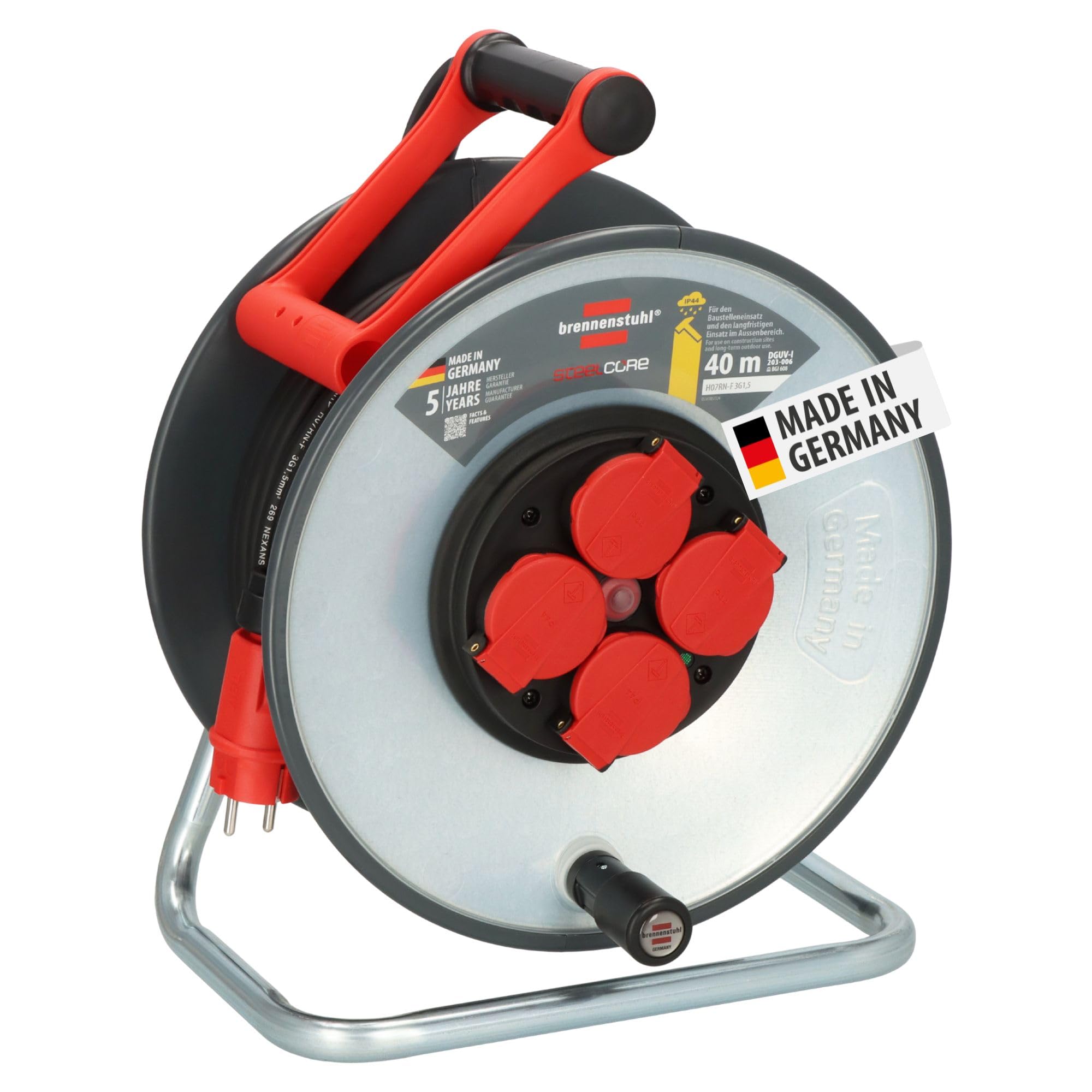 Brennenstuhl Professional SteelCore SC 4100 IP44 (40 m, corpo tamburo in lamiera d'acciaio, uso da cantiere e uso esterno permanente, Made in Germany)