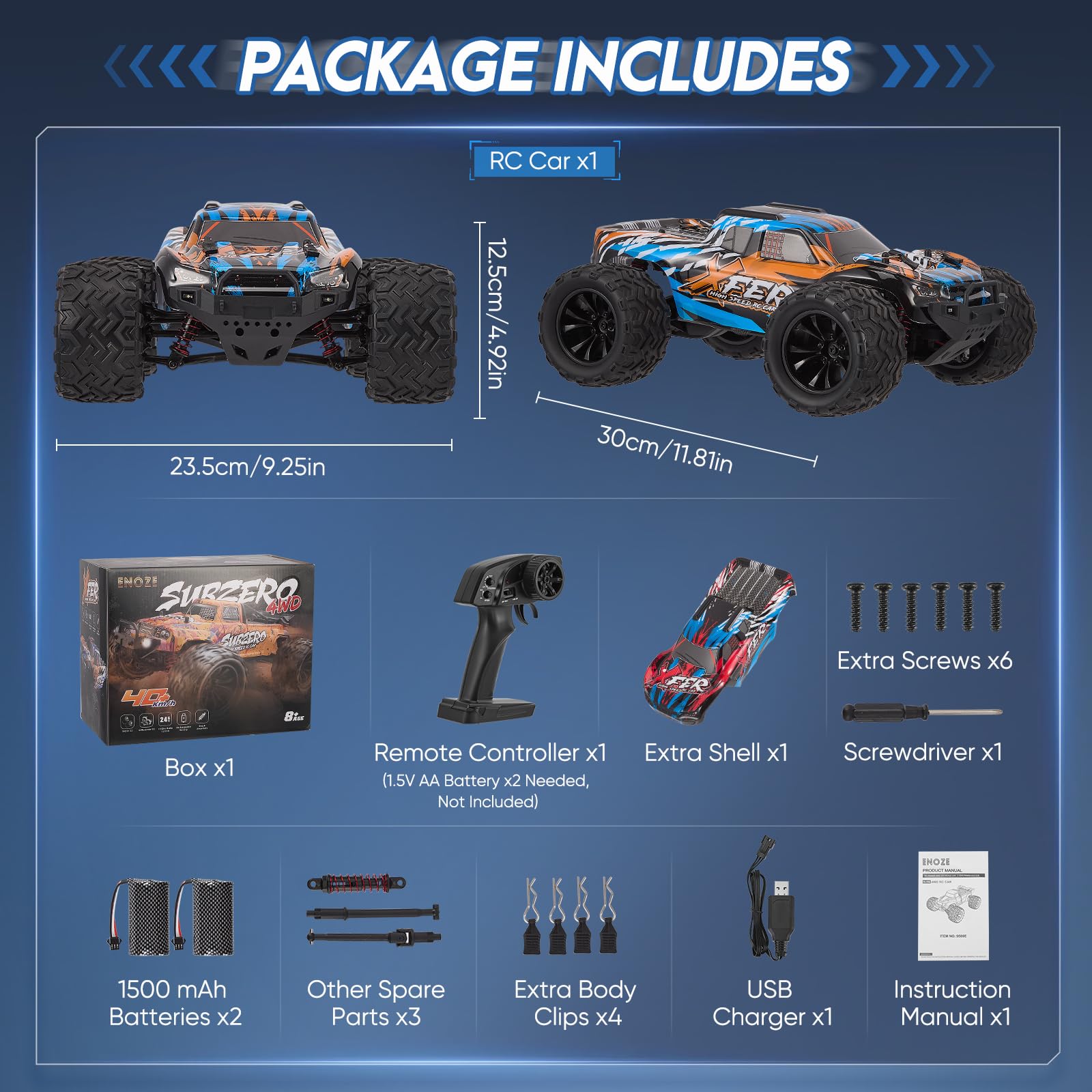 Ferngesteuertes Auto,9501E RC Auto 1:16, 4WD Offroad Truck, 60 km/h, 2×1500mAh Akku, wasserdicht, 2,4 GHz Fernsteuerung, für Kinder