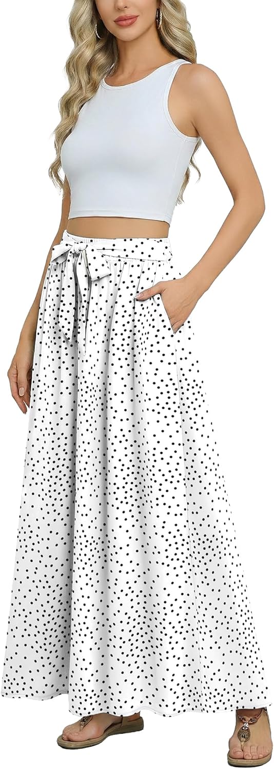 Askyes Womens Maxi Skirt Summer Trendy Tie Knot Elastic High Waisted Boho Casual Beach Flowy Swing Long Skirts with Pockets