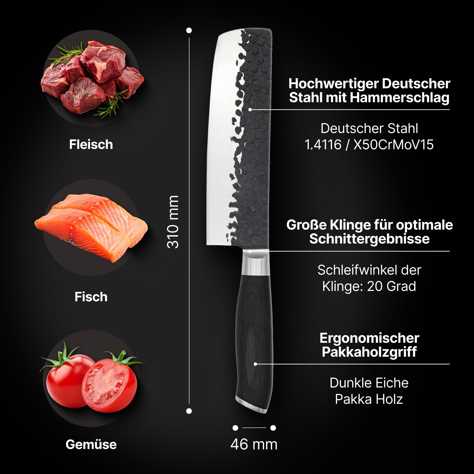 FIVI Hackmesser MATT 18 cm | Robustes Küchenbeil aus deutschem Edelstahl mit Hammerschlag & Pakkaholzgriff | Profi Hackbeil zum Zerkleinern von Fleisch, Knochen & Gemüse