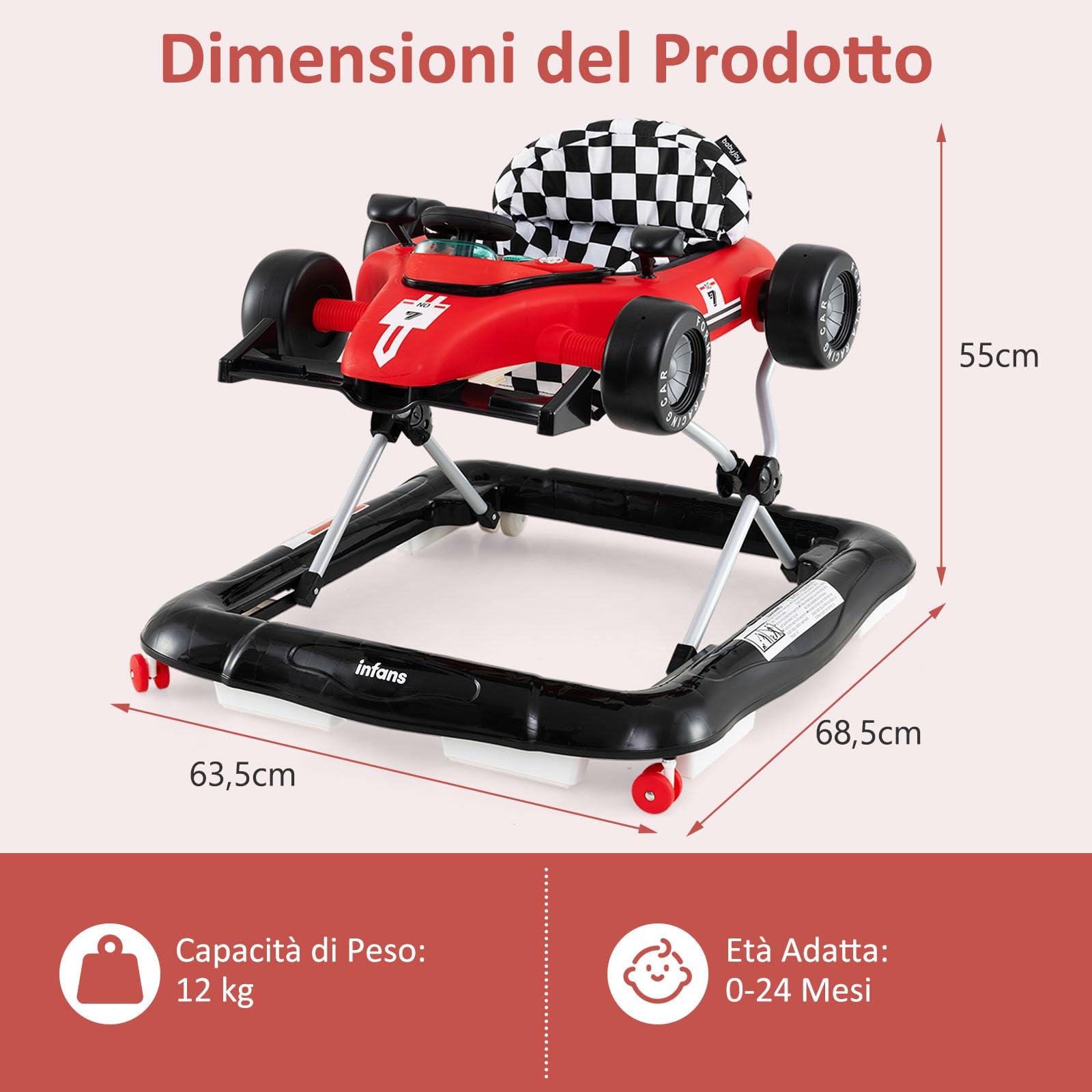 RELAX4LIFE 4 in 1 Girello a Spinta Primo Passo per Bambini da 6 a 18 Mesi con Luci e Suoni, Velocità e Altezza Regolabili, Portata 12 kg, 64x73x50,5/55,5 cm (Modello 2-Rosso) (ROSSO)